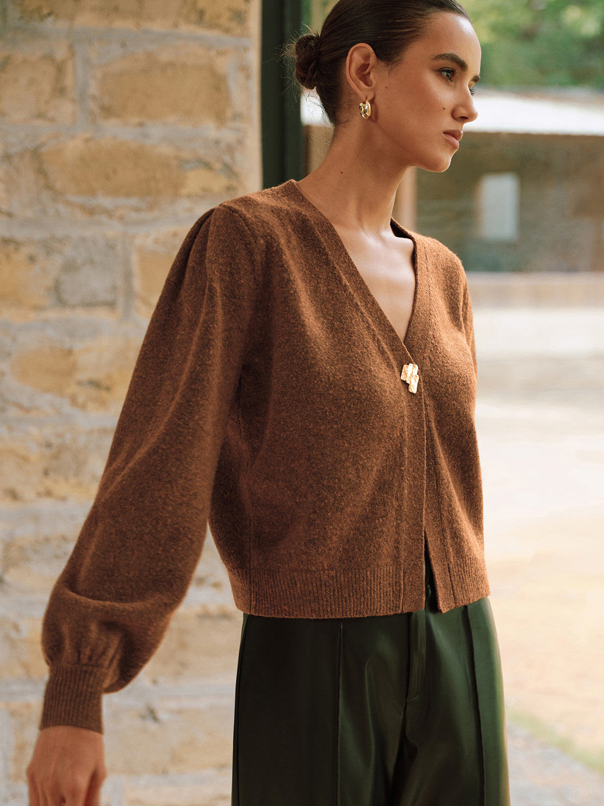 Metal Button V-Neck Knit Cardigan Lightweight Long Sleeve Sweater