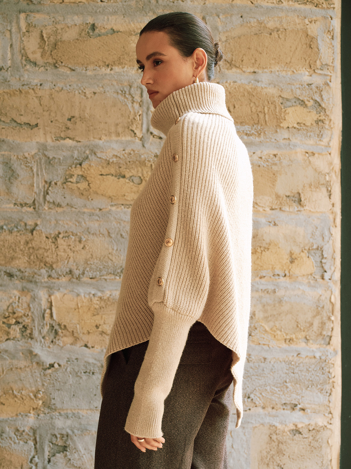 Metal Detail Turtleneck Poncho Sweater for Women - Cozy Winter Fashion