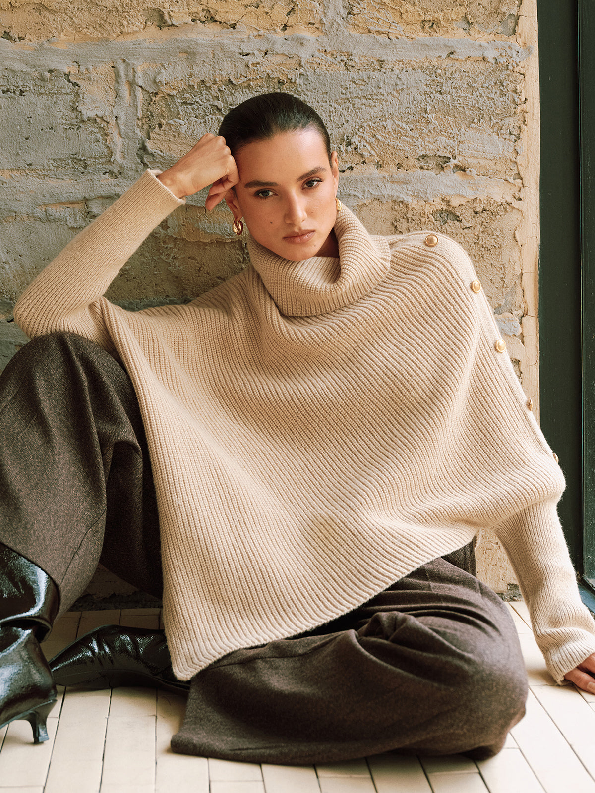 Metal Detail Turtleneck Poncho Sweater for Women - Cozy Winter Fashion