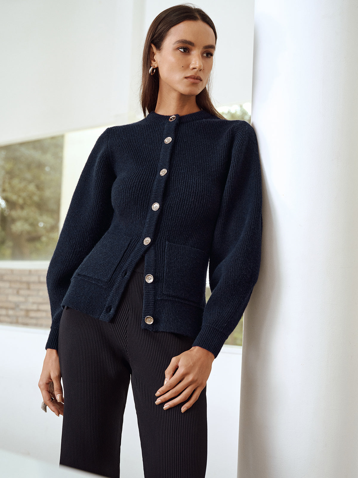 Button-Front Crew Neck Ribbed Knit Cardigan with Long Sleeves Essential