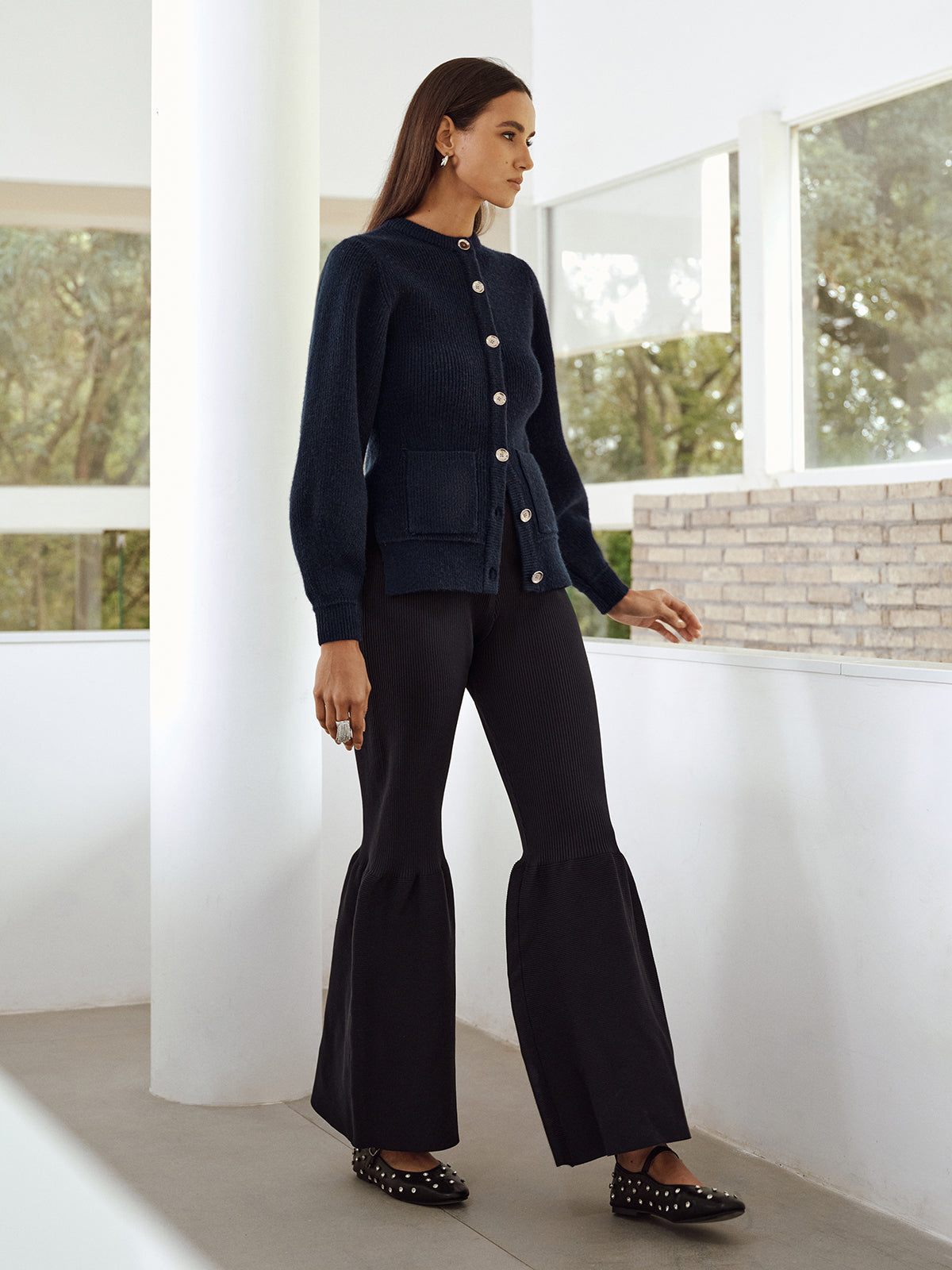 Button-Front Crew Neck Ribbed Knit Cardigan with Long Sleeves Essential