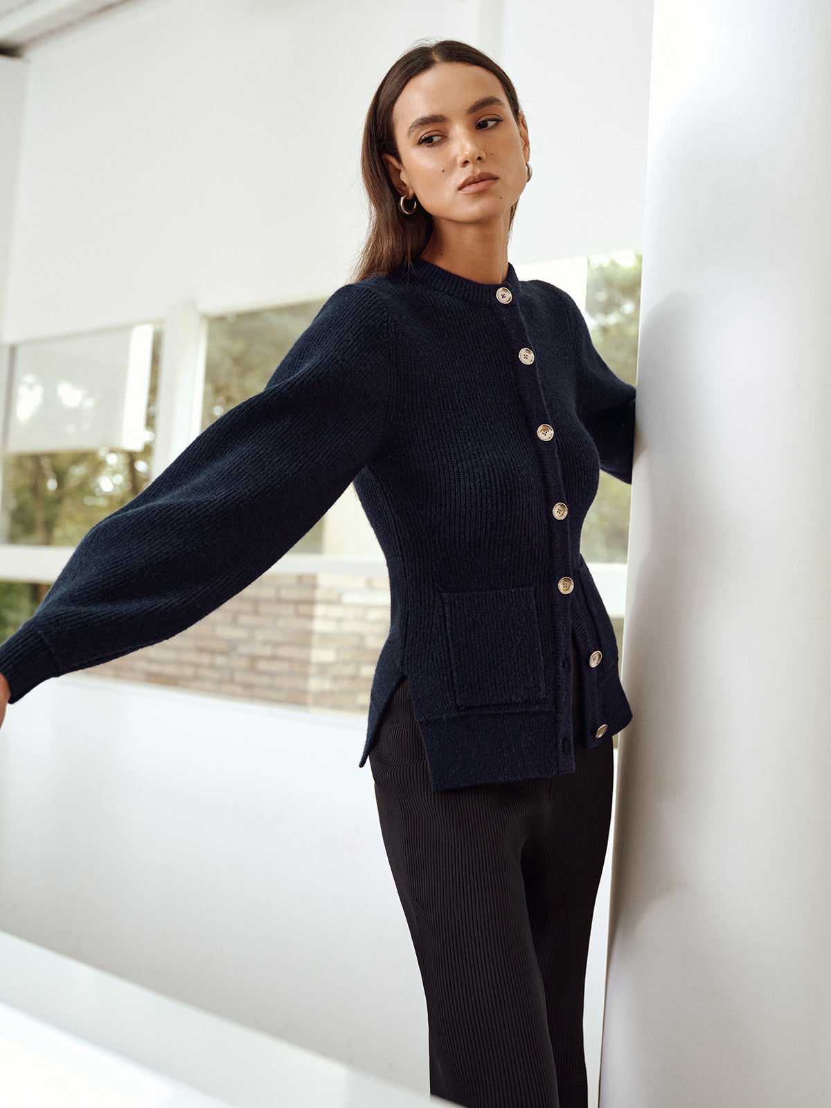 Button-Front Crew Neck Ribbed Knit Cardigan with Long Sleeves Essential