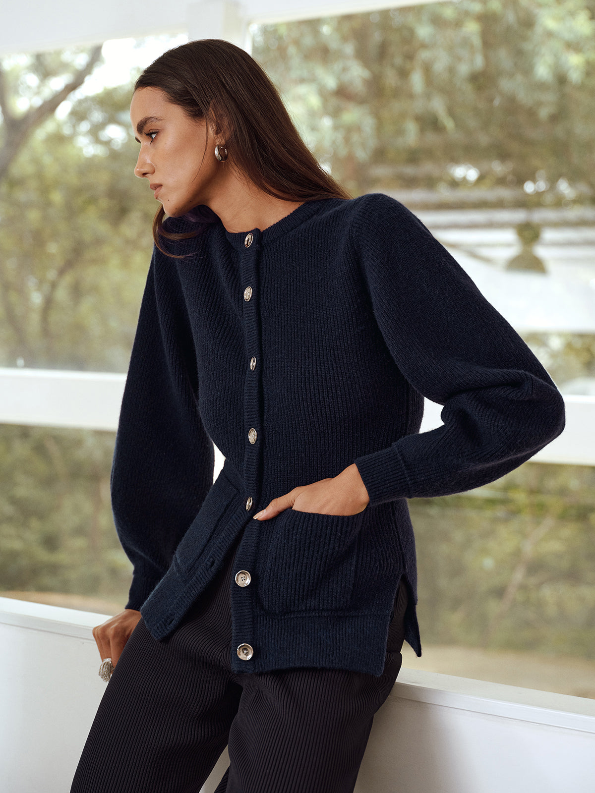 Button-Front Crew Neck Ribbed Knit Cardigan with Long Sleeves Essential