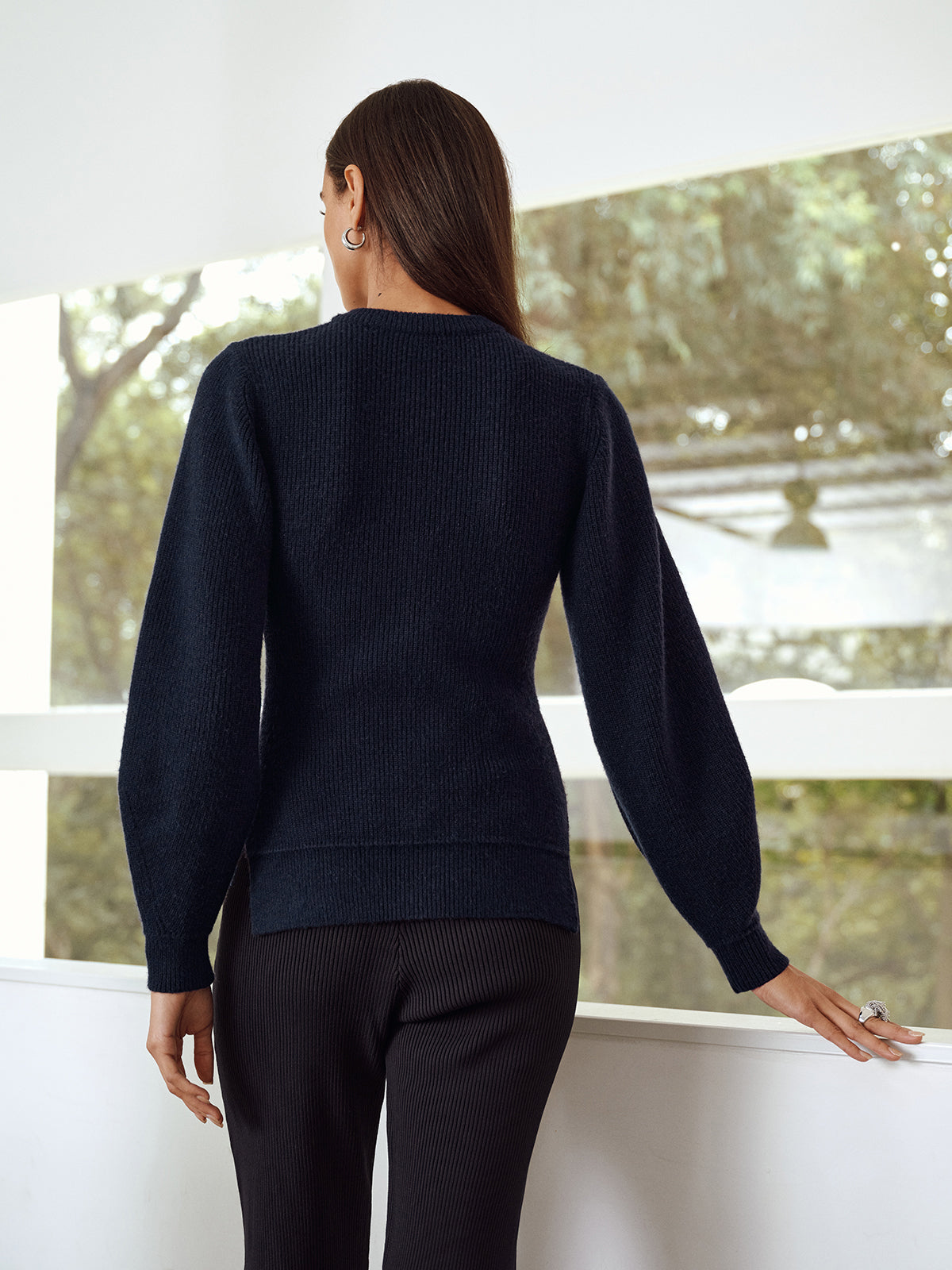 Button-Front Crew Neck Ribbed Knit Cardigan with Long Sleeves Essential