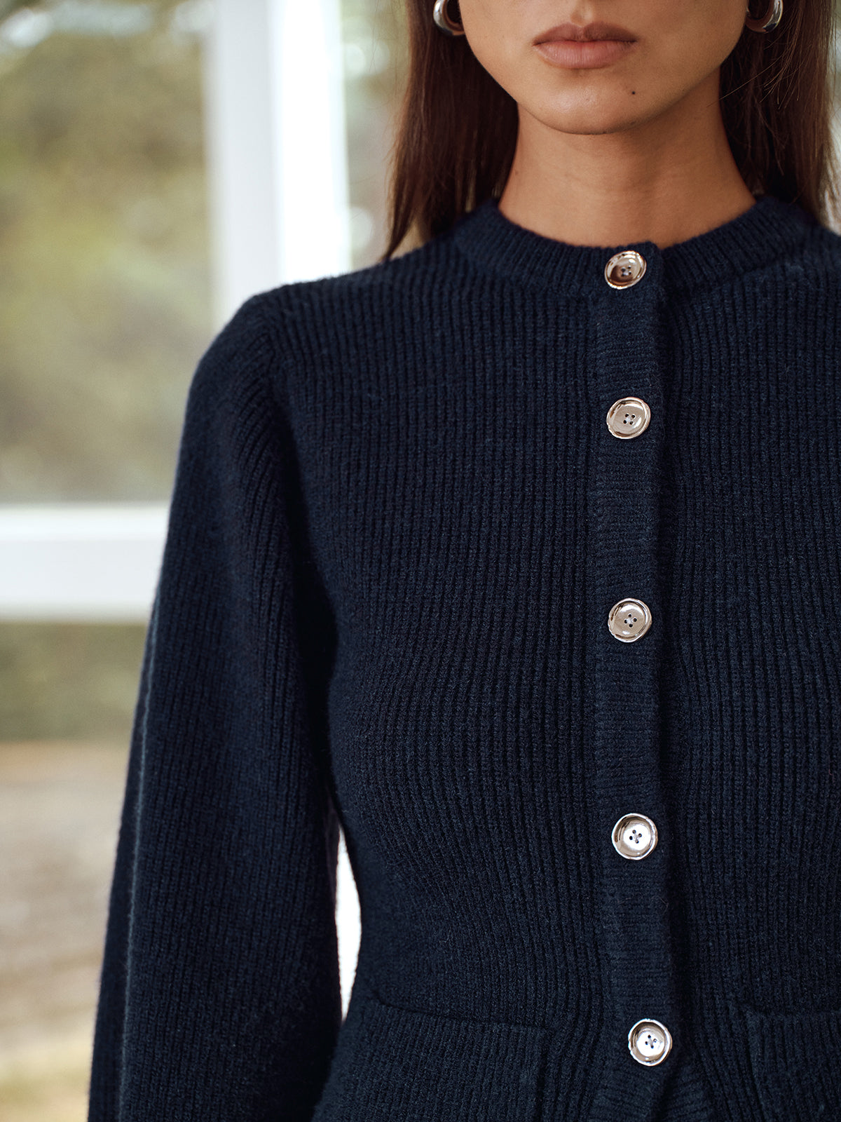 Button-Front Crew Neck Ribbed Knit Cardigan with Long Sleeves Essential