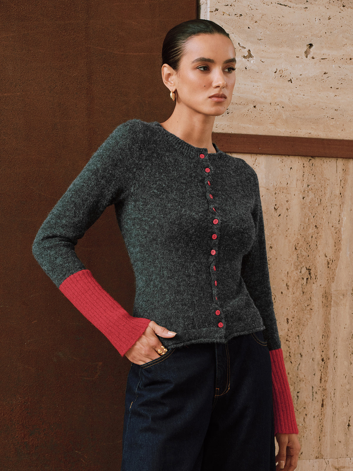 Contrast Cuff Wool-Blend Cardigan Stylish Comfortable Lightweight Layer