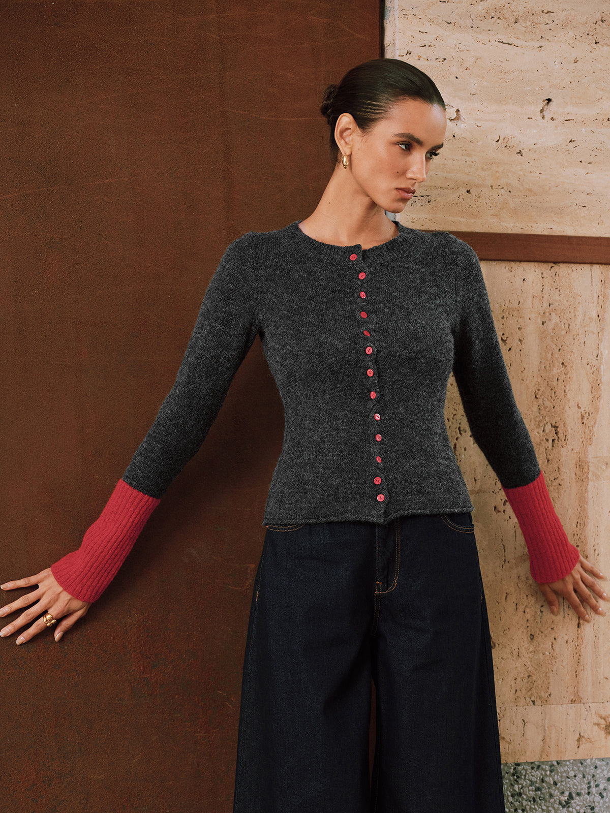 Contrast Cuff Wool-Blend Cardigan Stylish Comfortable Lightweight Layer