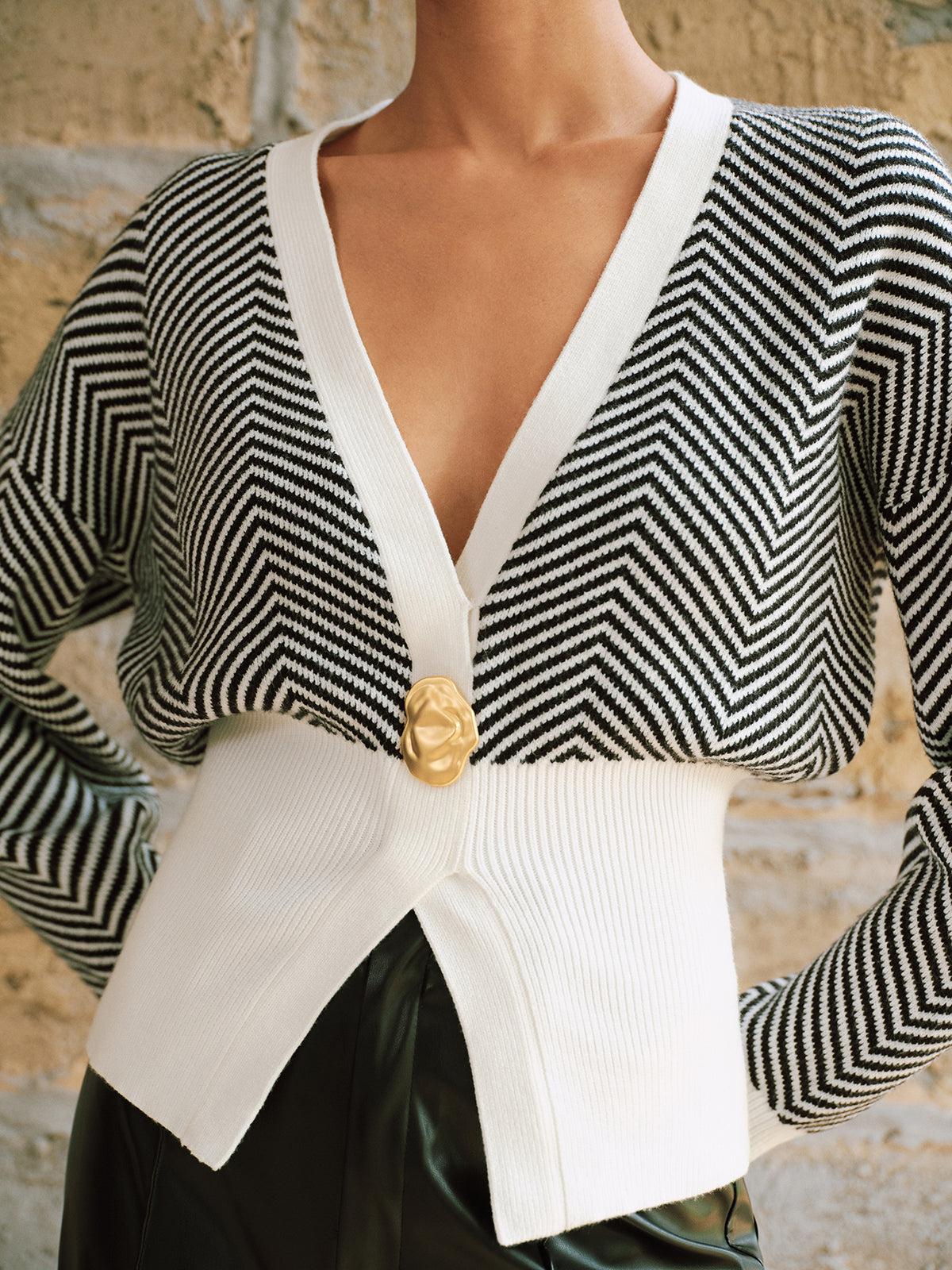 Metal Detail Chevron Knit Cardigan with Button Closure and Ribbed Trim