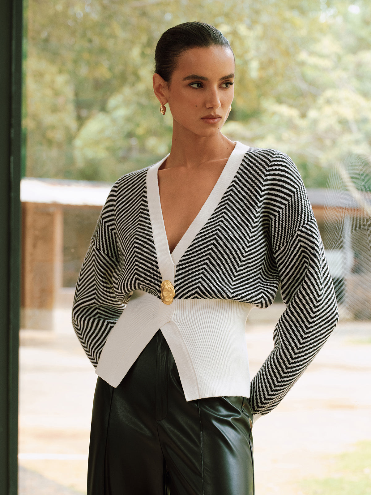 Metal Detail Chevron Knit Cardigan with Button Closure and Ribbed Trim