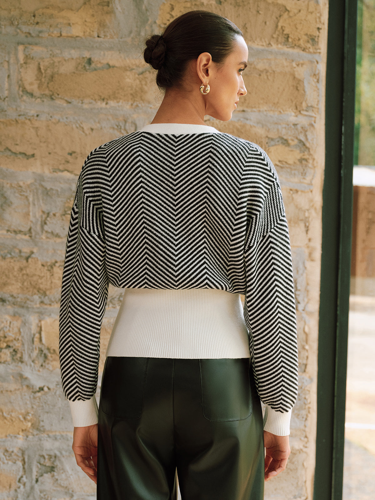 Metal Detail Chevron Knit Cardigan with Button Closure and Ribbed Trim