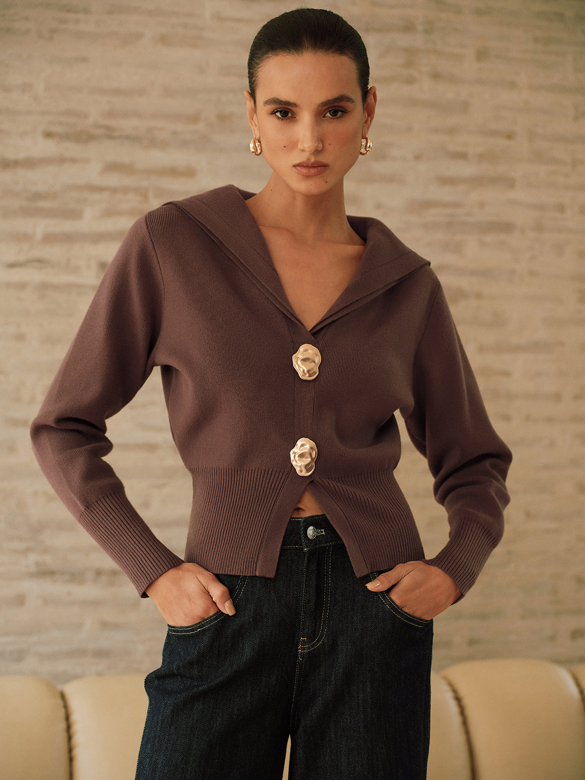 Metal Button Shawl Collar Knit Top for Women, Casual Long Sleeve Pullover