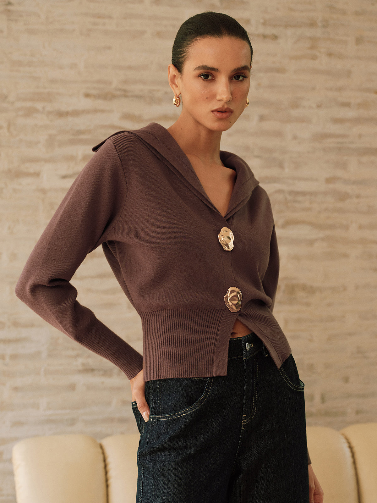 Metal Button Shawl Collar Knit Top for Women, Casual Long Sleeve Pullover