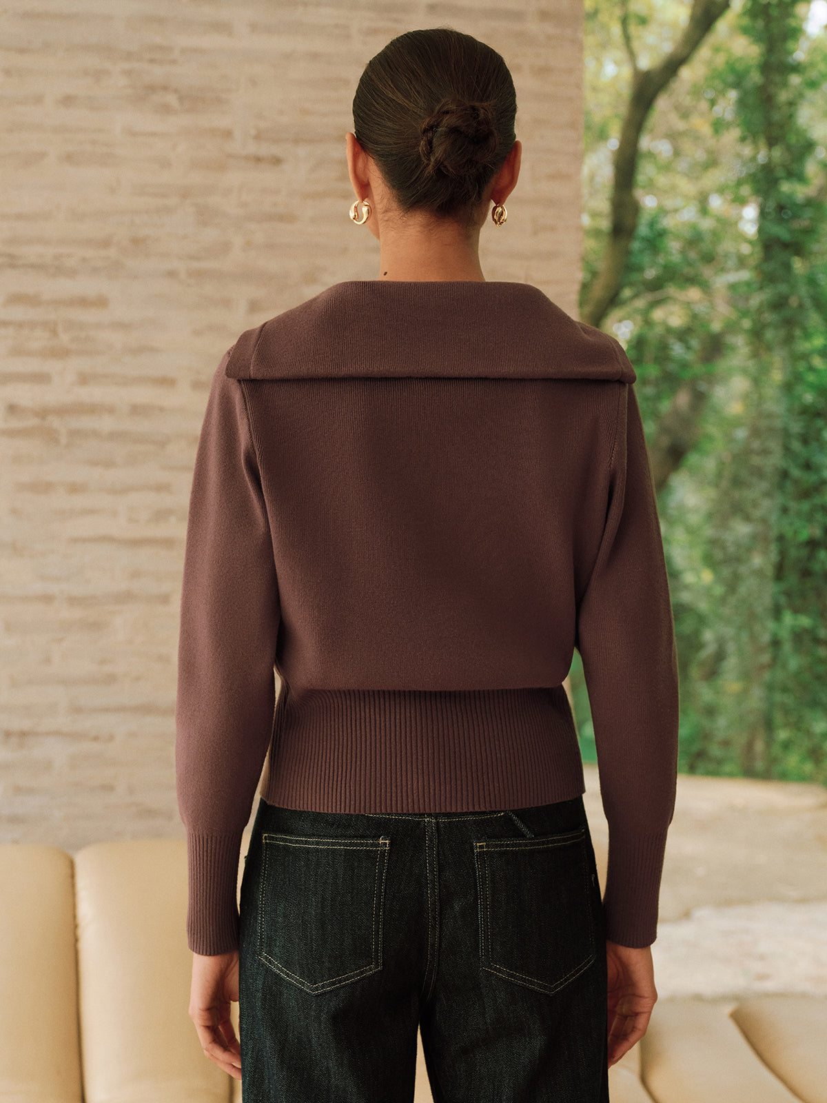 Metal Button Shawl Collar Knit Top for Women, Casual Long Sleeve Pullover