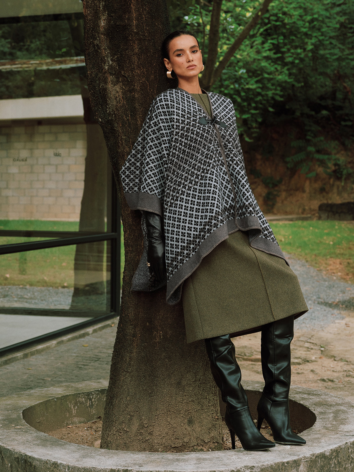Horn Button Checked Knit Poncho Cozy Warm Winter Layer