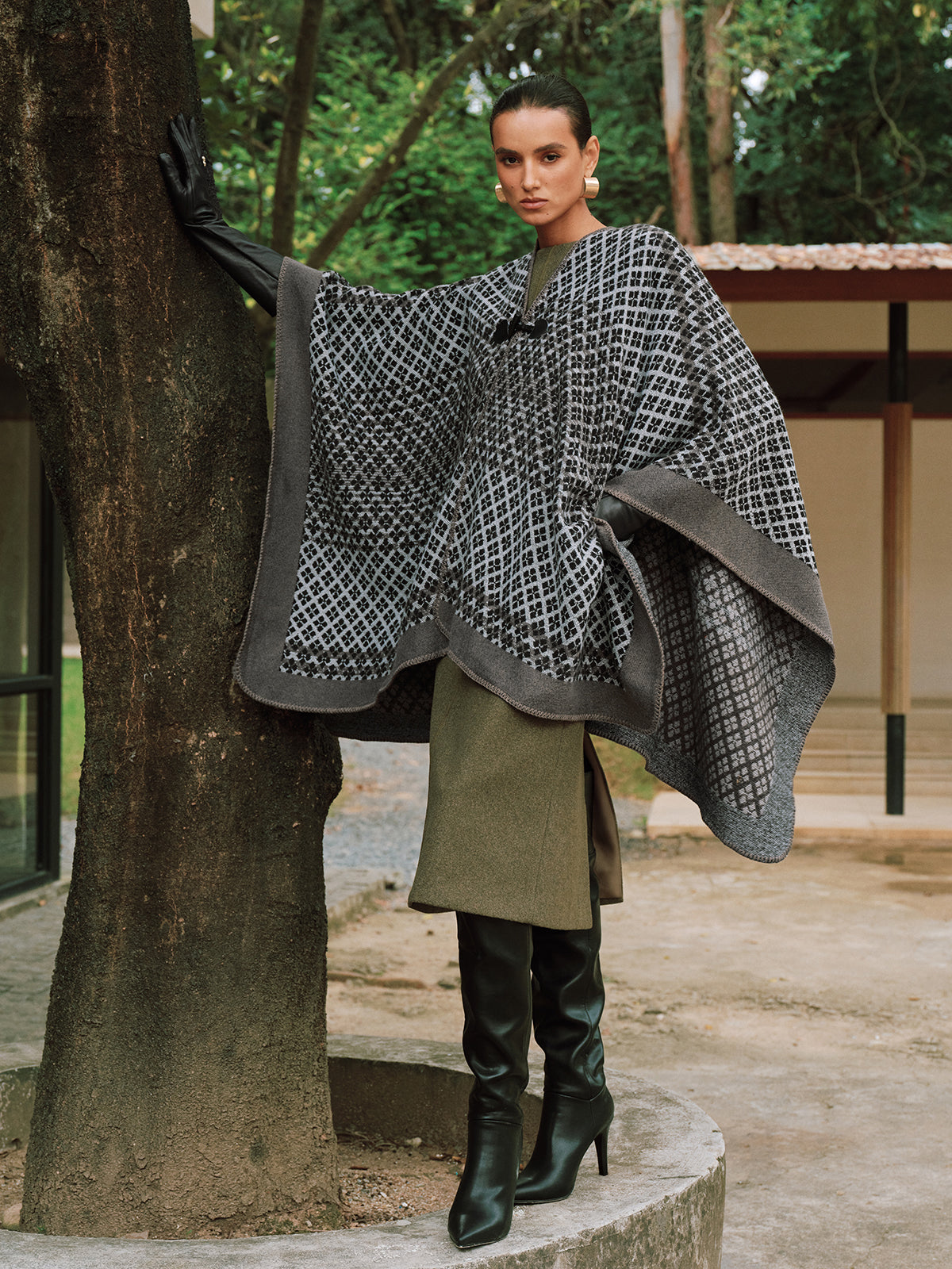 Horn Button Checked Knit Poncho Cozy Warm Winter Layer