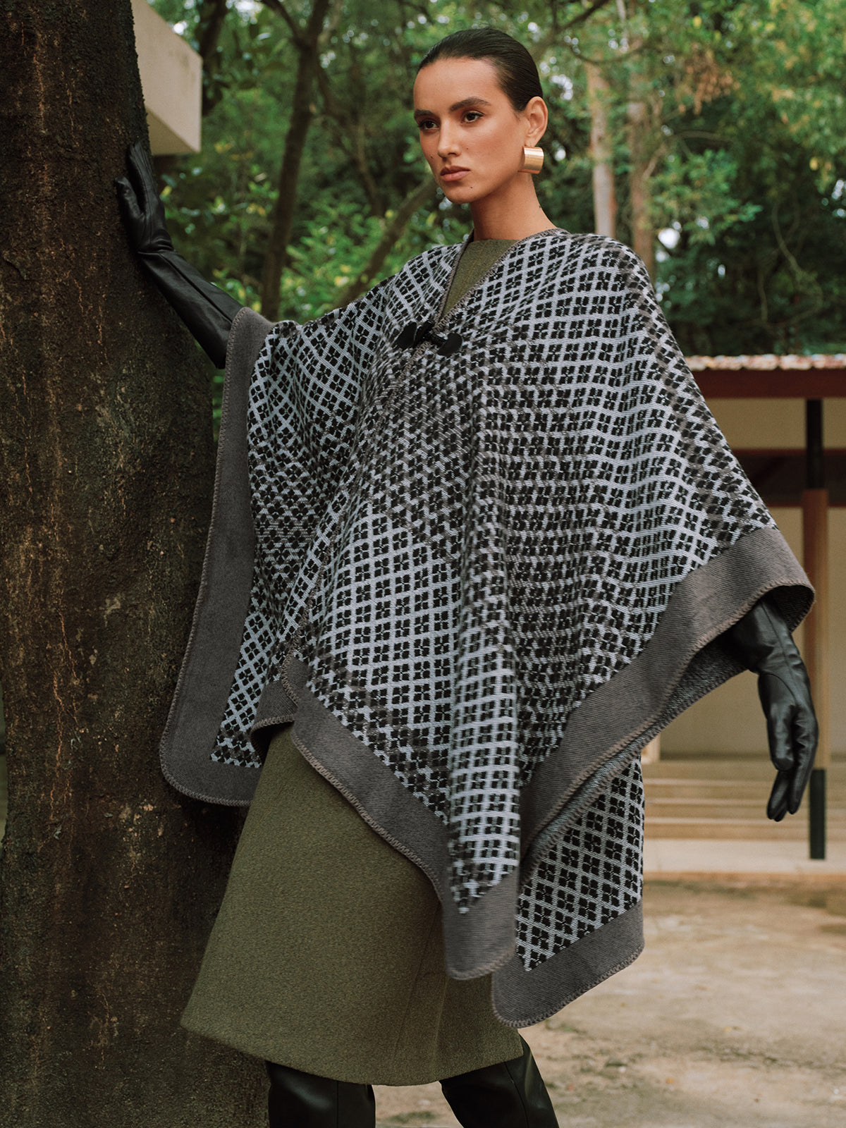 Horn Button Checked Knit Poncho Cozy Warm Winter Layer