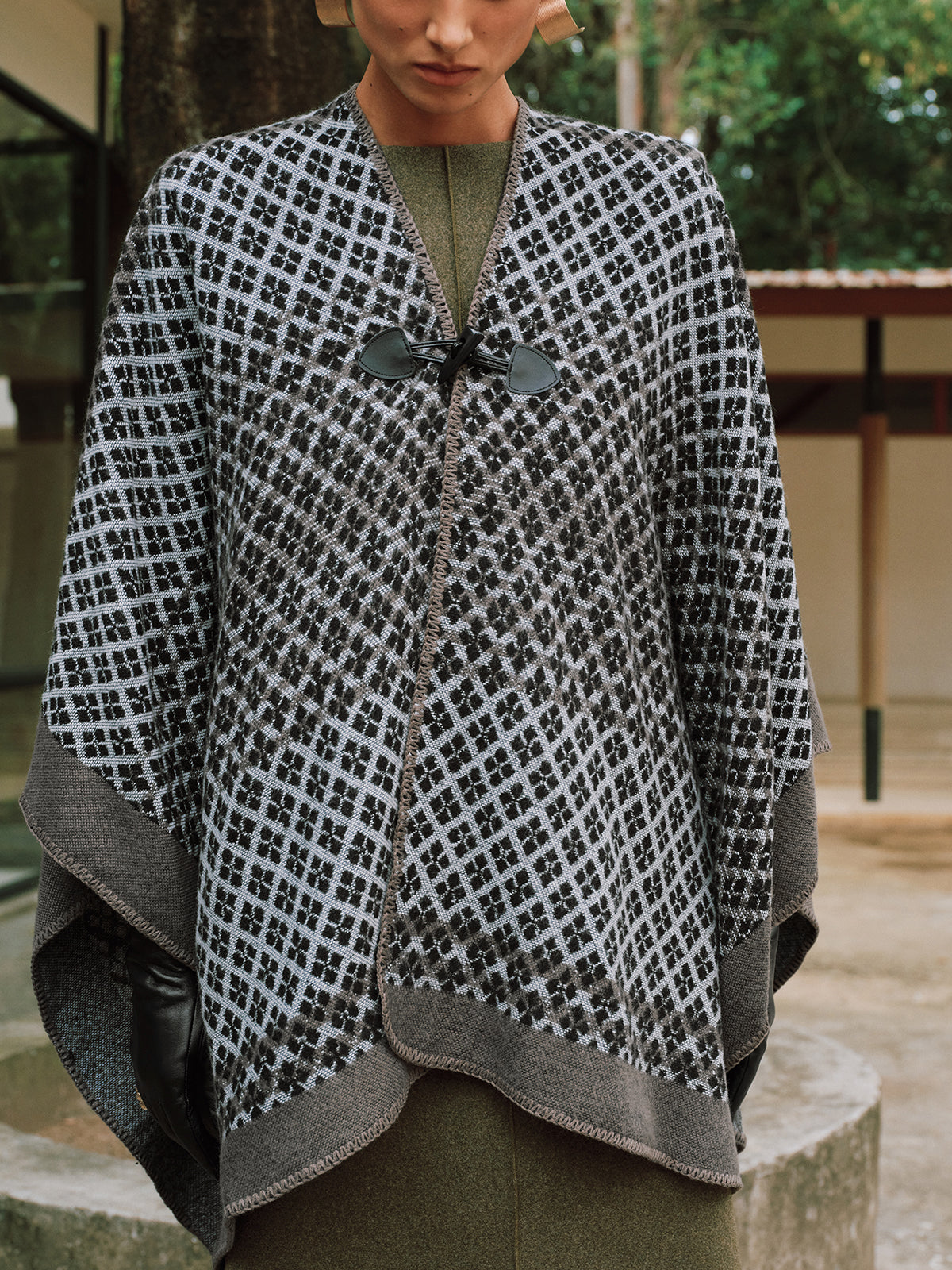 Horn Button Checked Knit Poncho Cozy Warm Winter Layer