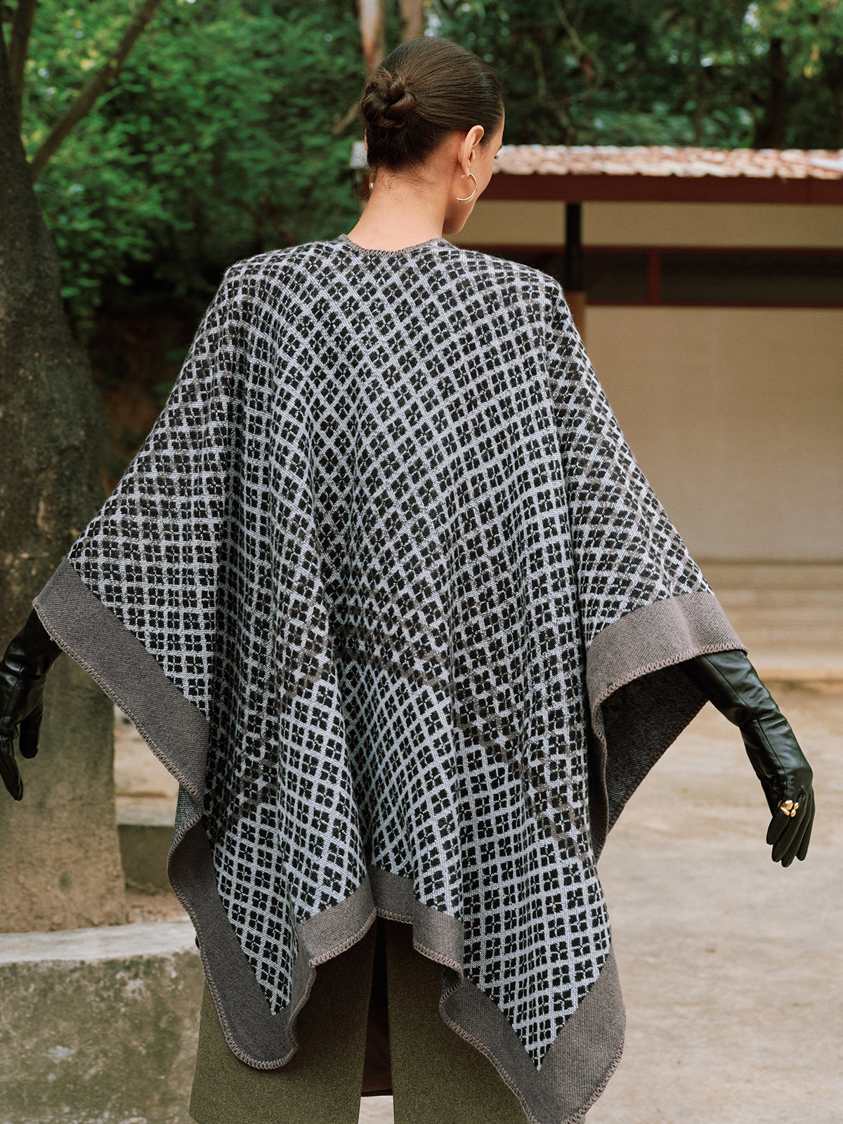 Horn Button Checked Knit Poncho Cozy Warm Winter Layer