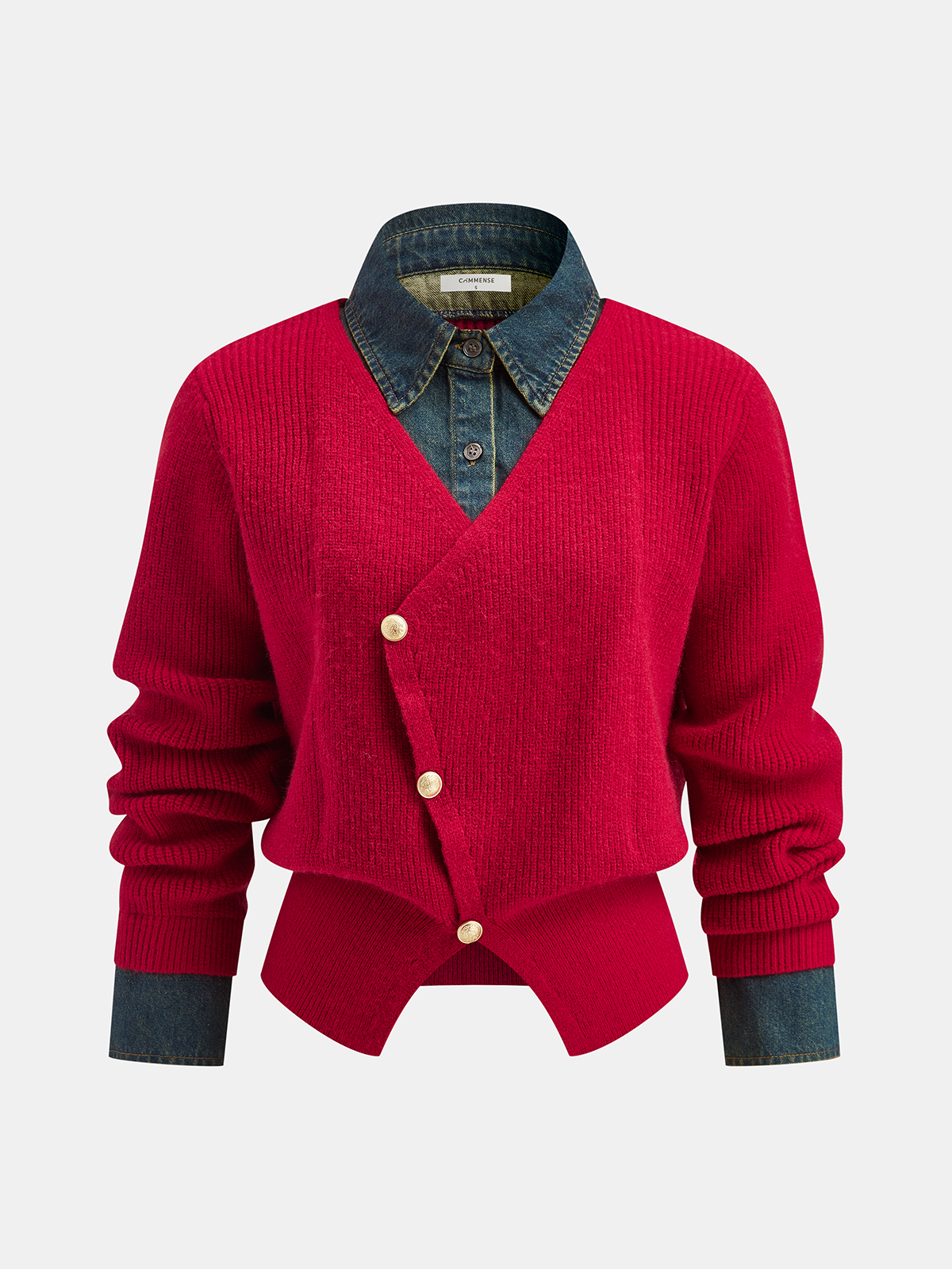 2 in 1 Denim Panel Asymmetric Sweater with Layered Look Design
