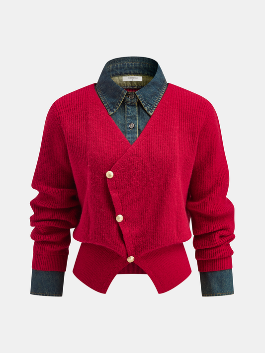 2 in 1 Denim Panel Asymmetric Sweater with Layered Look Design