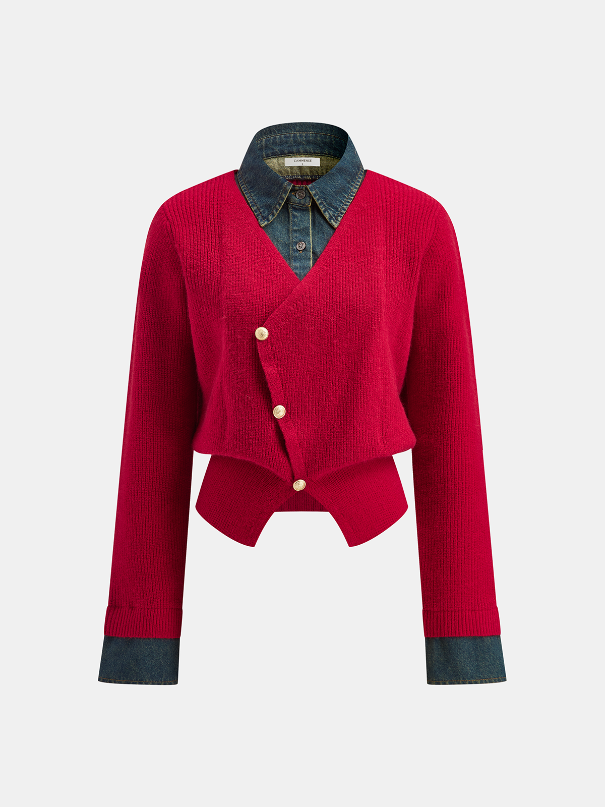 2 in 1 Denim Panel Asymmetric Sweater with Layered Look Design