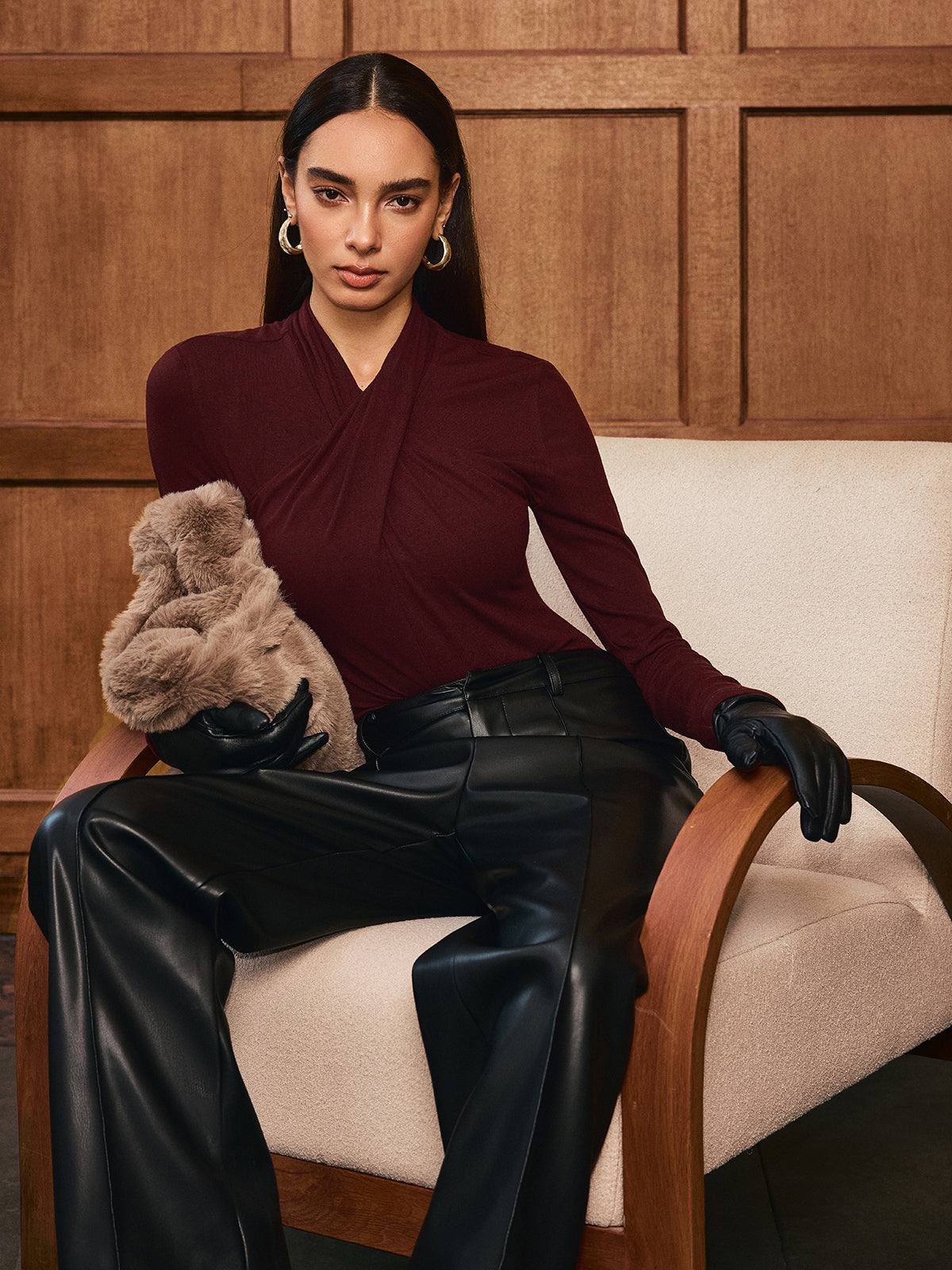 Cross Neck Long Sleeve Knit T-Shirt for Women, Cozy Casual Top