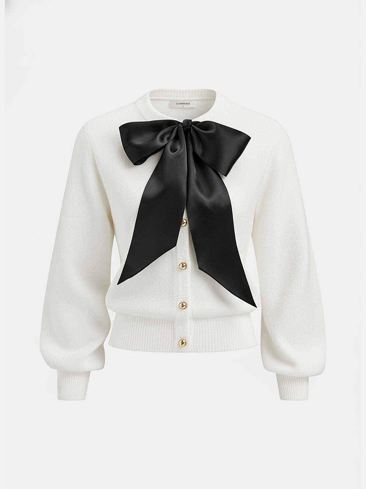 Bow Detail Metal Button Knit Cardigan with Front Pockets and Ribbed Trim