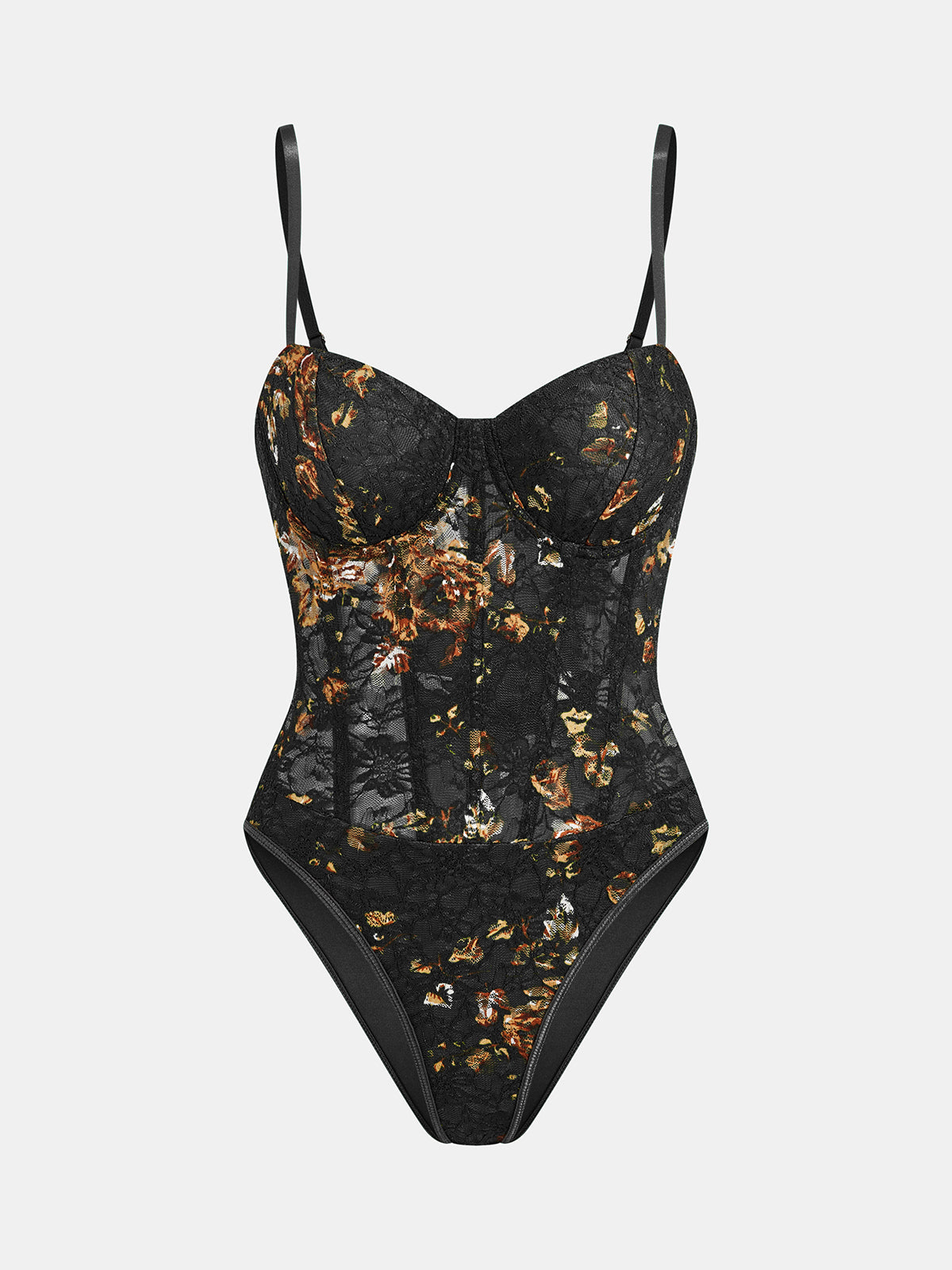 Floral Print Embroidery Bustier Corset Bodysuit with Lace Trim Details
