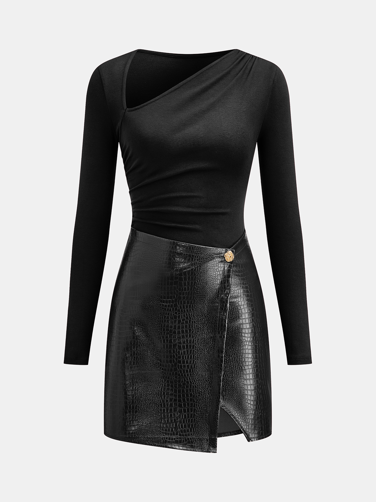Faux Leather Paneled Knit Mini Dress with Back Zip Closure