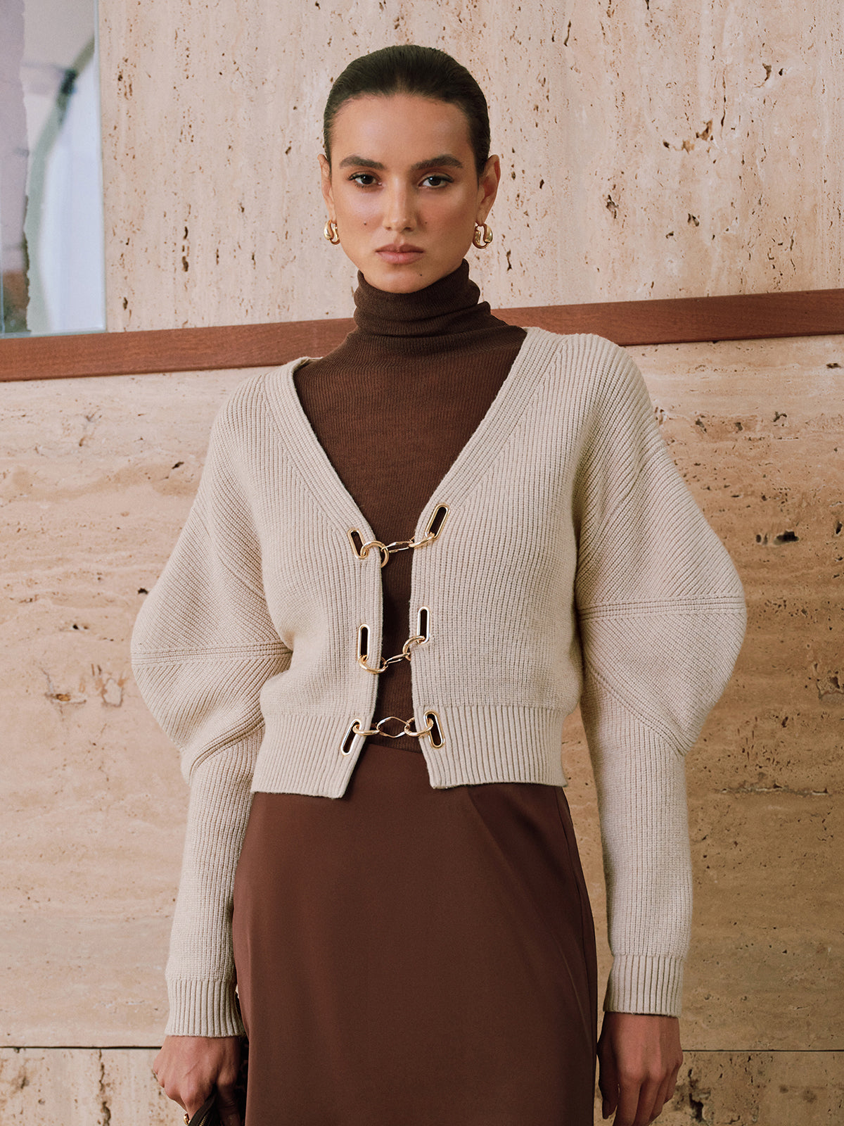 Puff Sleeve Chain Closure Knit Cardigan with Elegant Design for Women