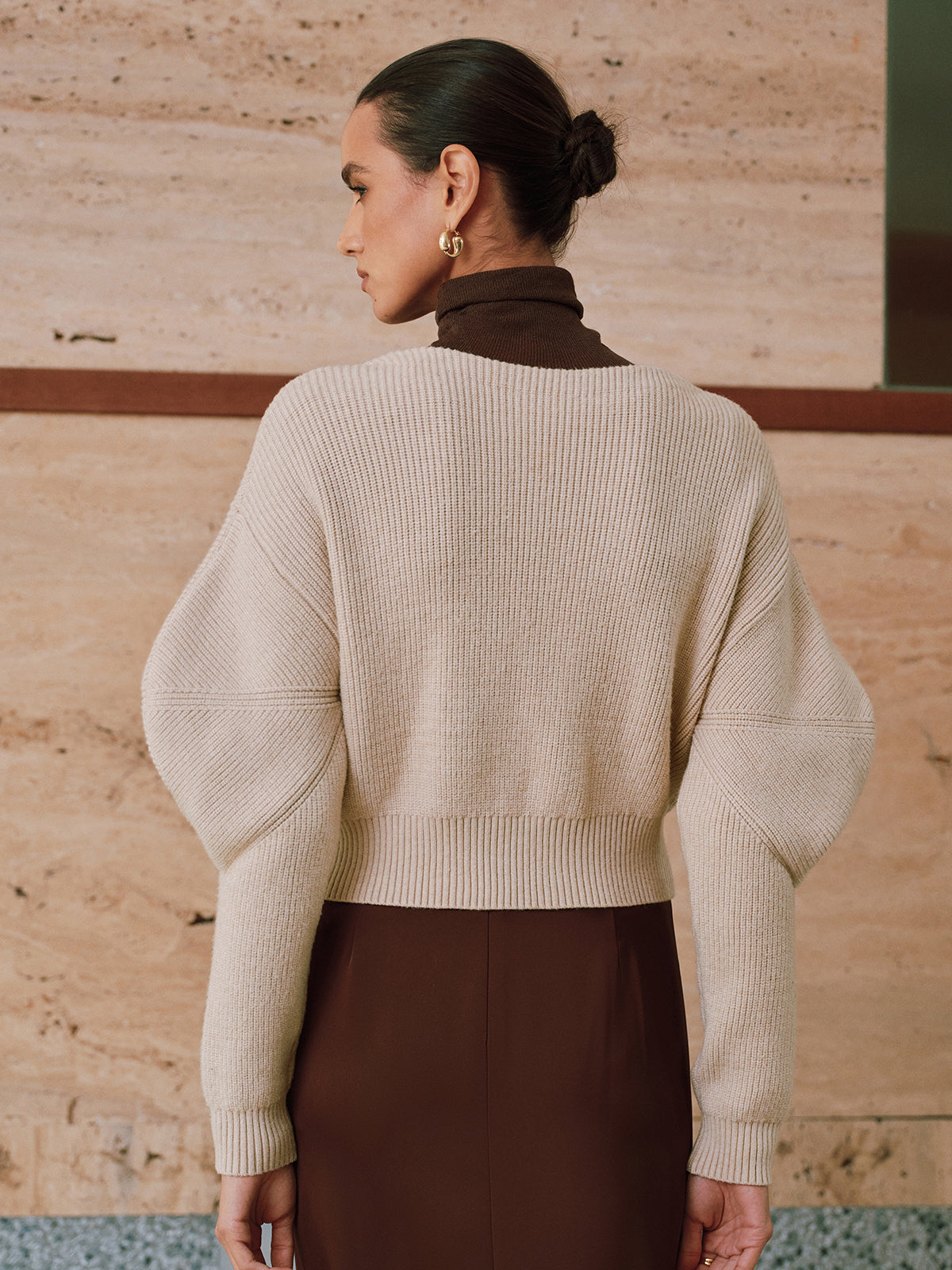 Puff Sleeve Chain Closure Knit Cardigan with Elegant Design for Women
