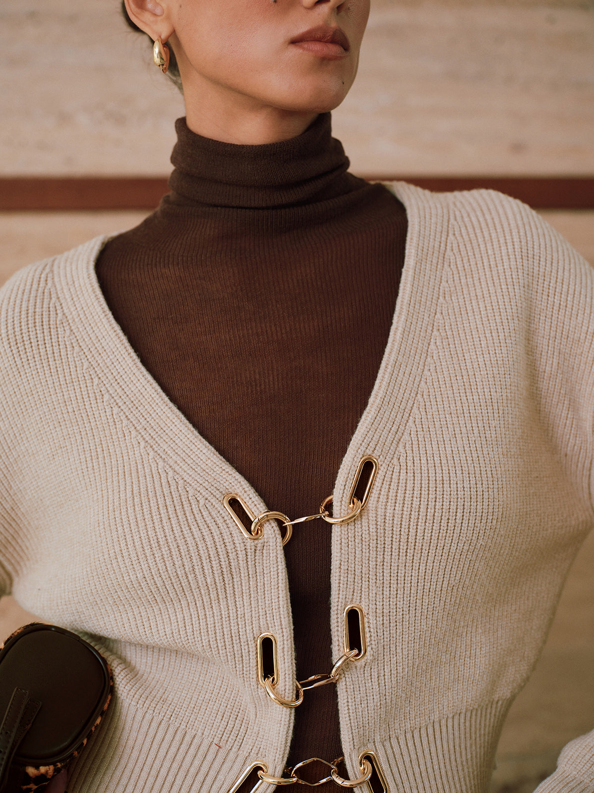Puff Sleeve Chain Closure Knit Cardigan with Elegant Design for Women