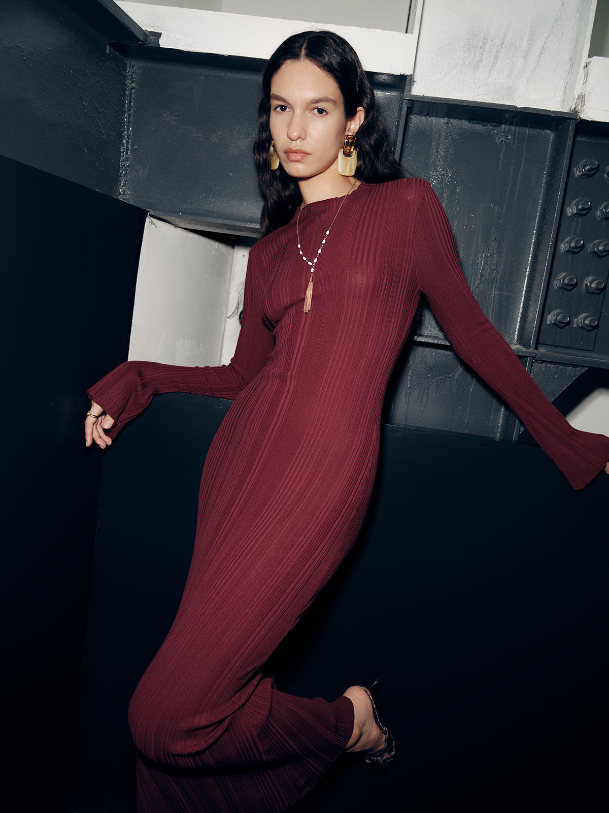 Slim-Fit Long Sleeve Knit Maxi Dress for Women, Casual Fall Outfit