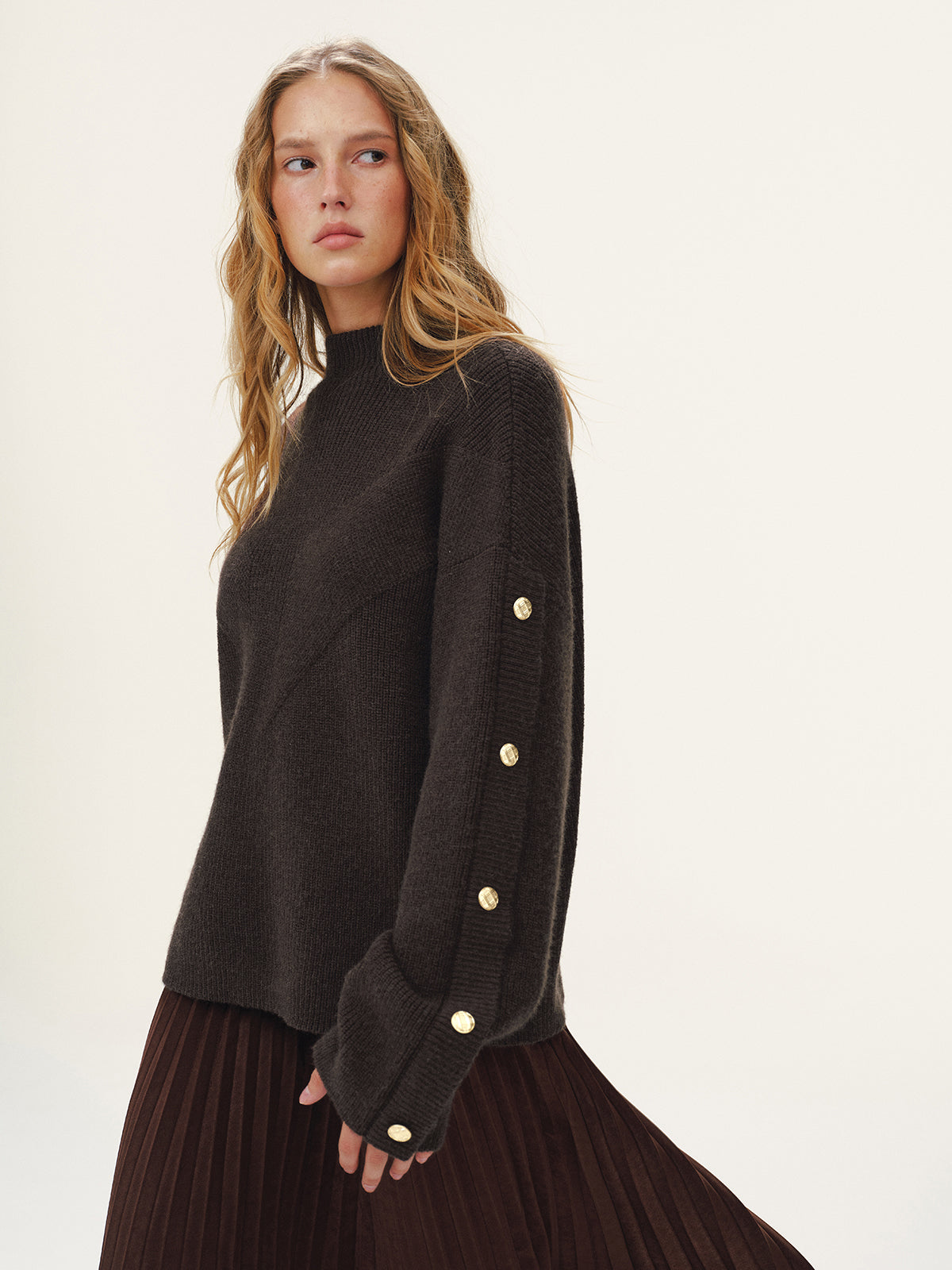 Button Detail Mock Neck Knit Sweater, Cozy Winter Essential Pullover
