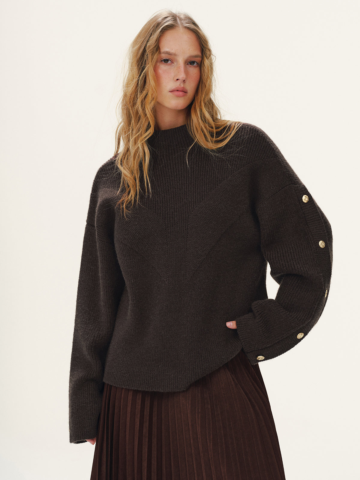 Button Detail Mock Neck Knit Sweater, Cozy Winter Essential Pullover