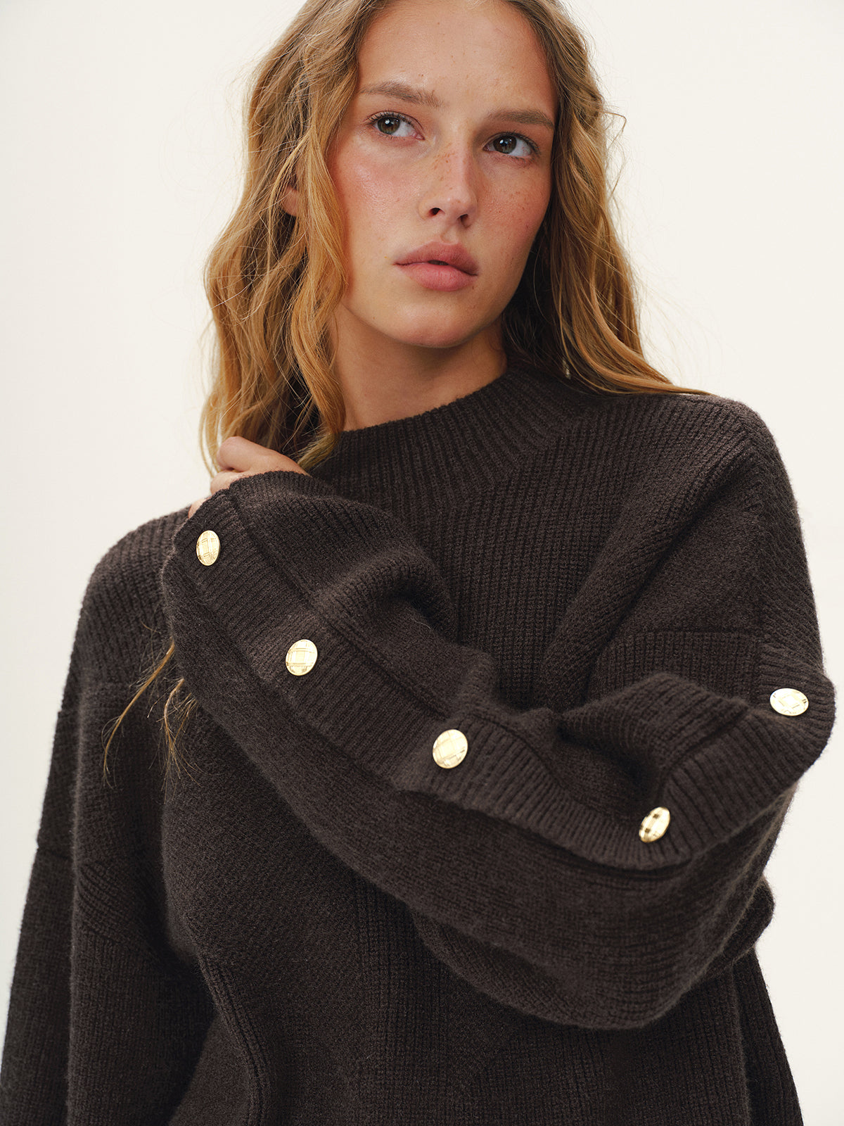 Button Detail Mock Neck Knit Sweater, Cozy Winter Essential Pullover