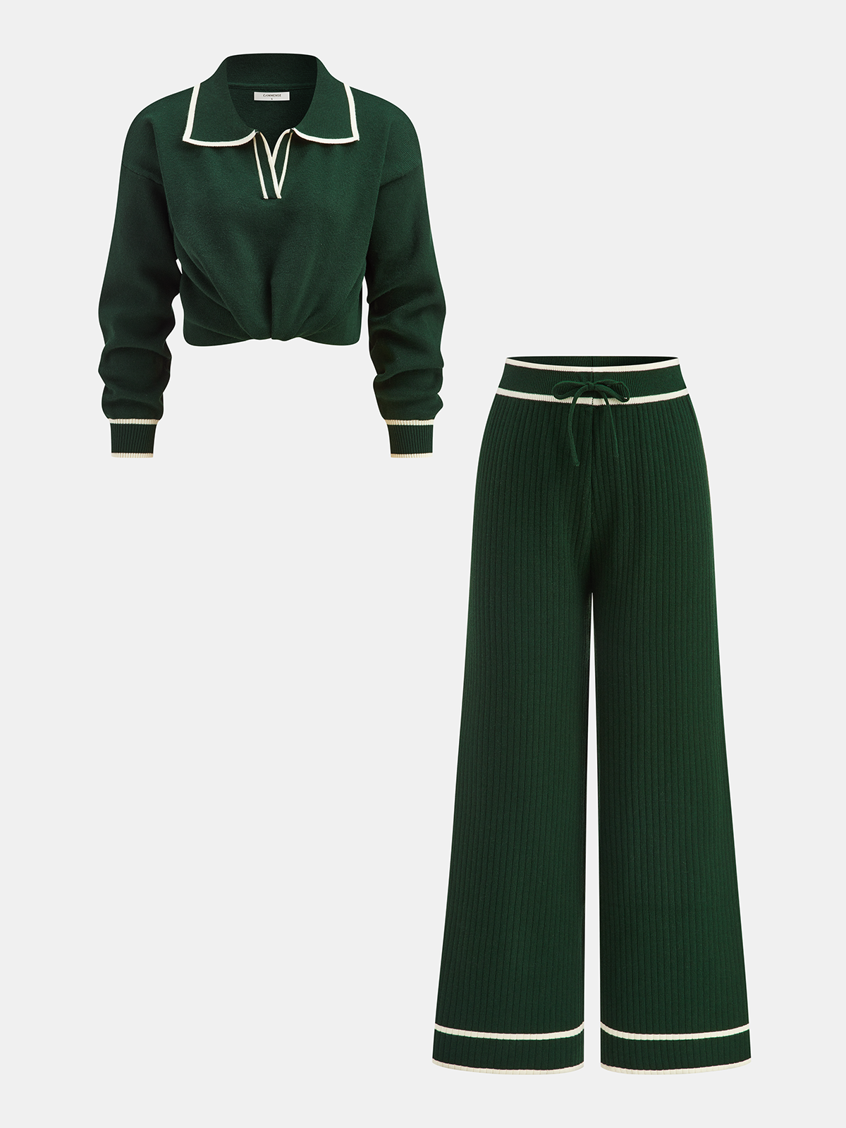 Knitted Contrast Trim Polo Top and Pants Set for Casual Wear