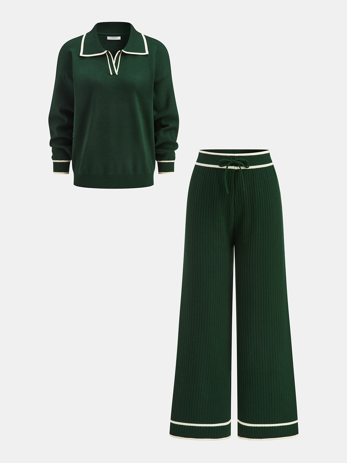 Knitted Contrast Trim Polo Top and Pants Set for Casual Wear