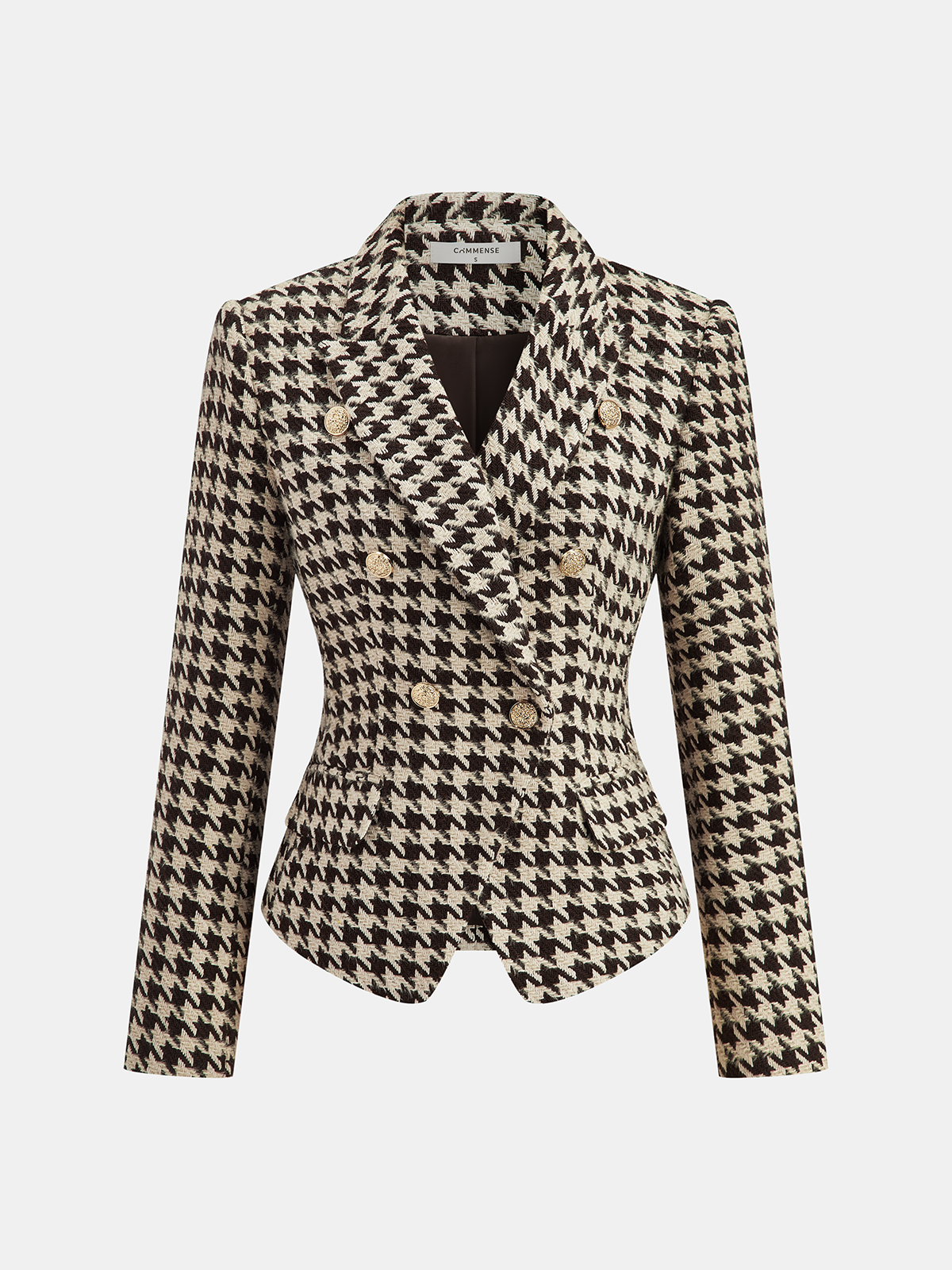 Metal Button Houndstooth Tweed Blazer for Women Classic Business Casual Coat