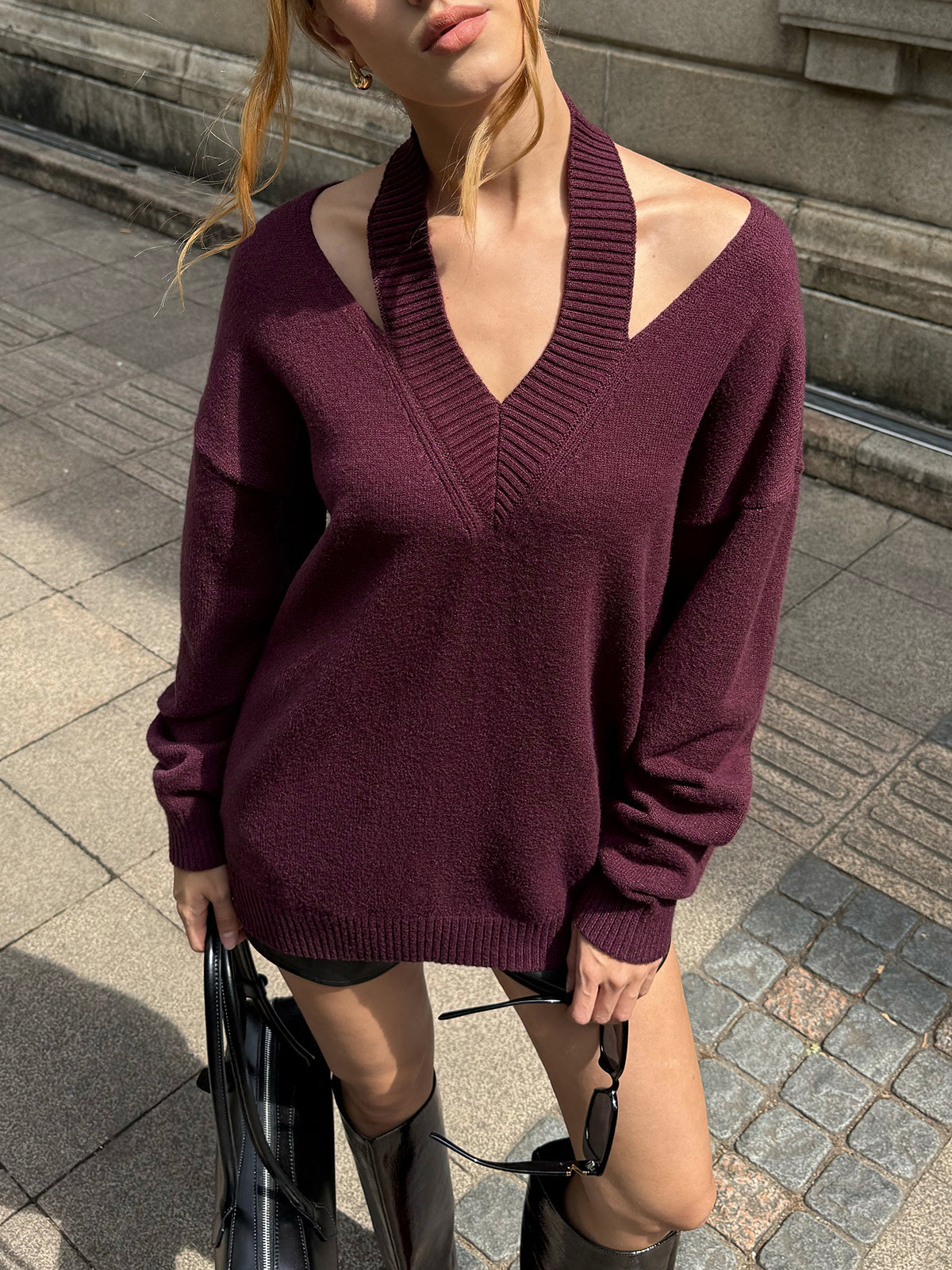 Halter Off-shoulder V-Neck Sweater for Women Casual Knitwear