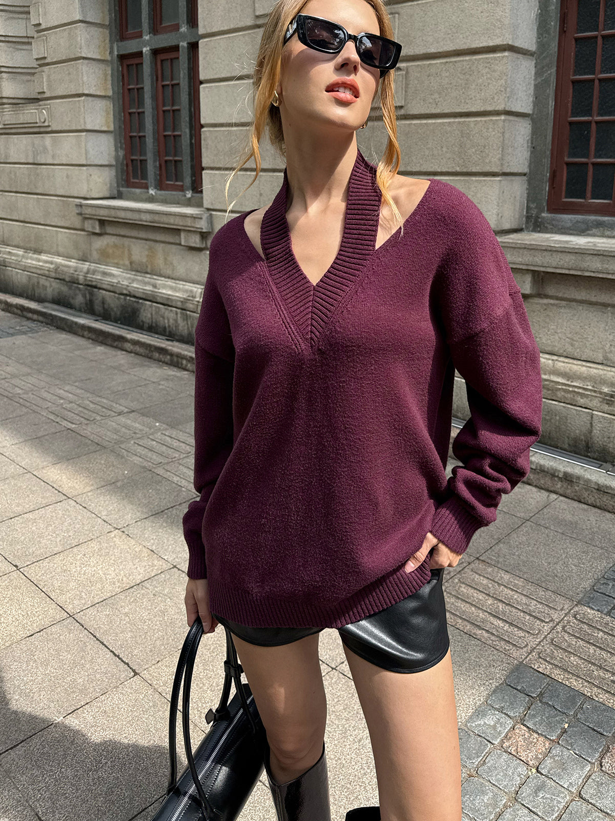 Halter Off-shoulder V-Neck Sweater for Women Casual Knitwear