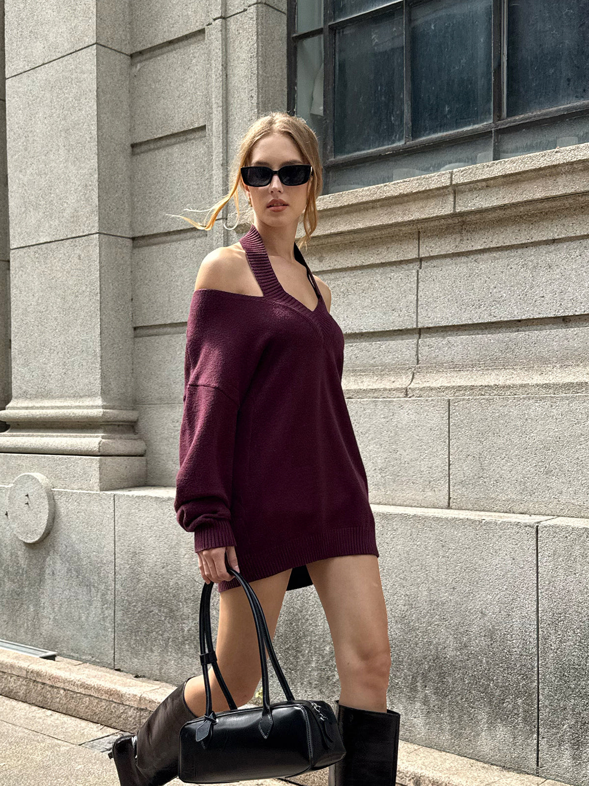 Halter Off-shoulder V-Neck Sweater for Women Casual Knitwear