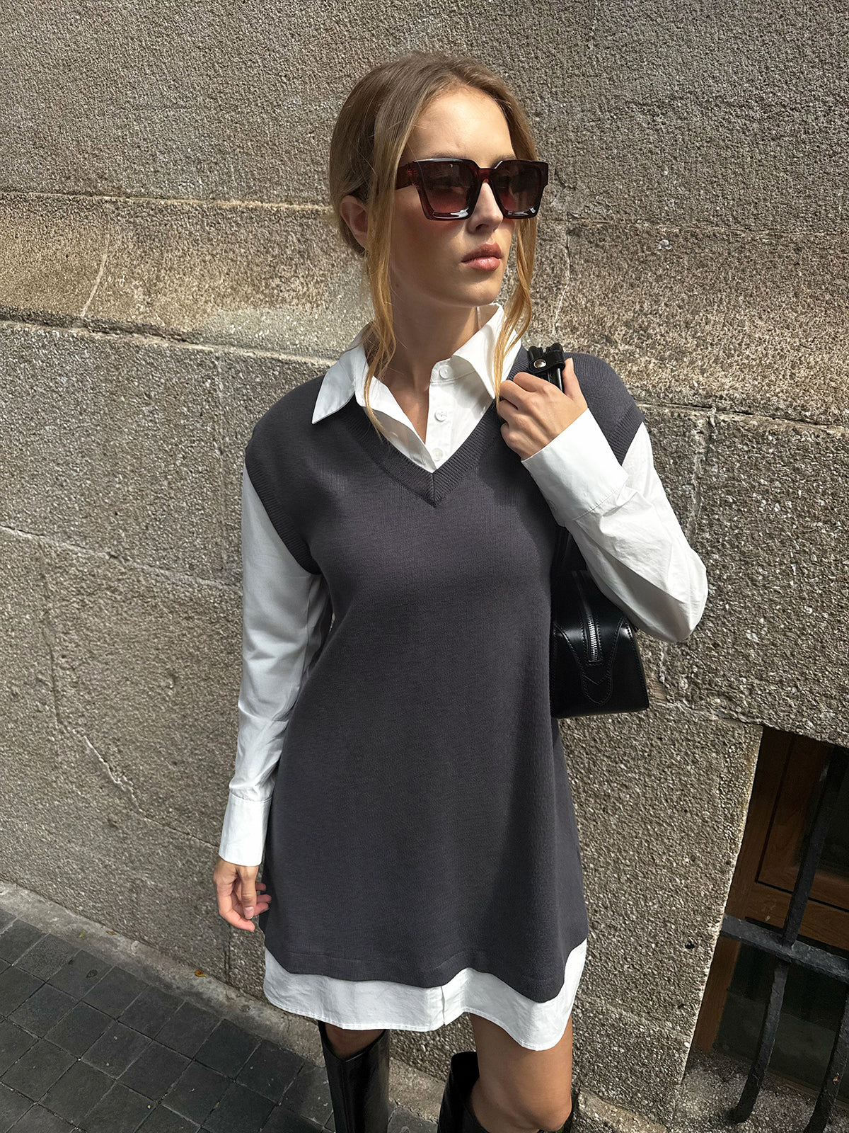 2 in 1 Shirt Paneled Knit Mini Dress Casual Comfort Style