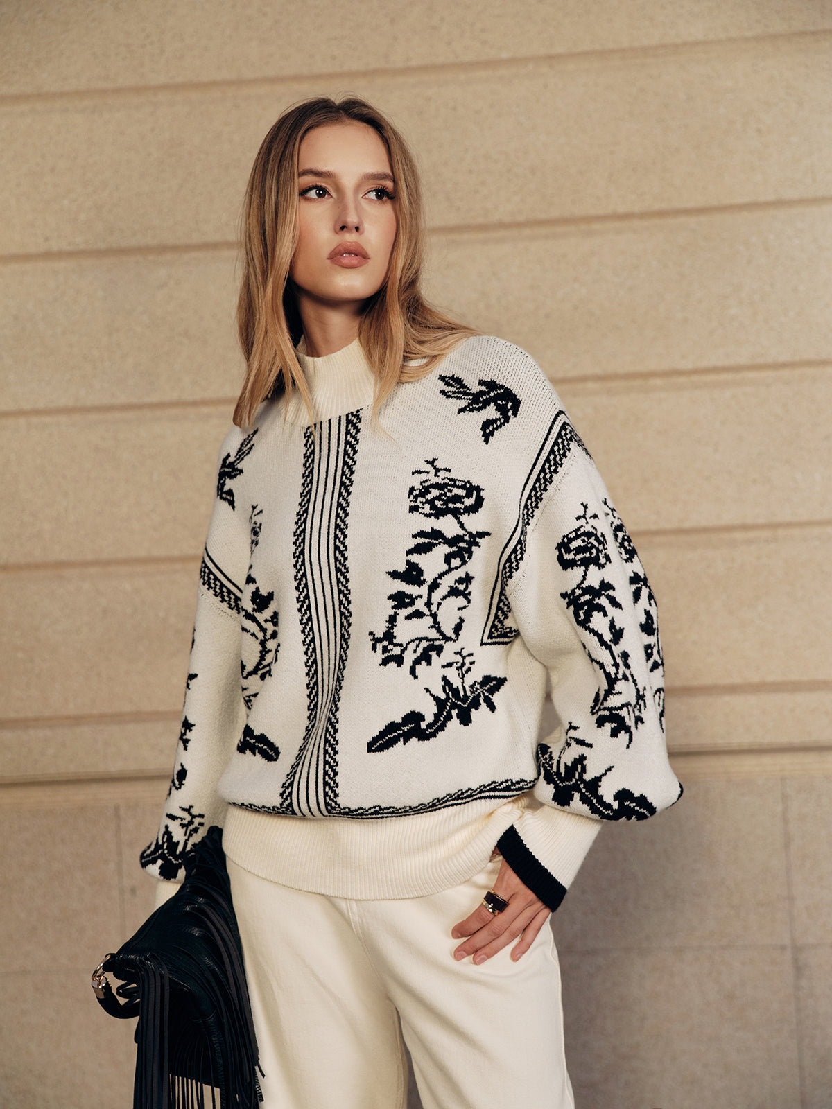 Floral Pattern Mock Neck Balloon Sleeve Sweater for Women Casual Fall Wear