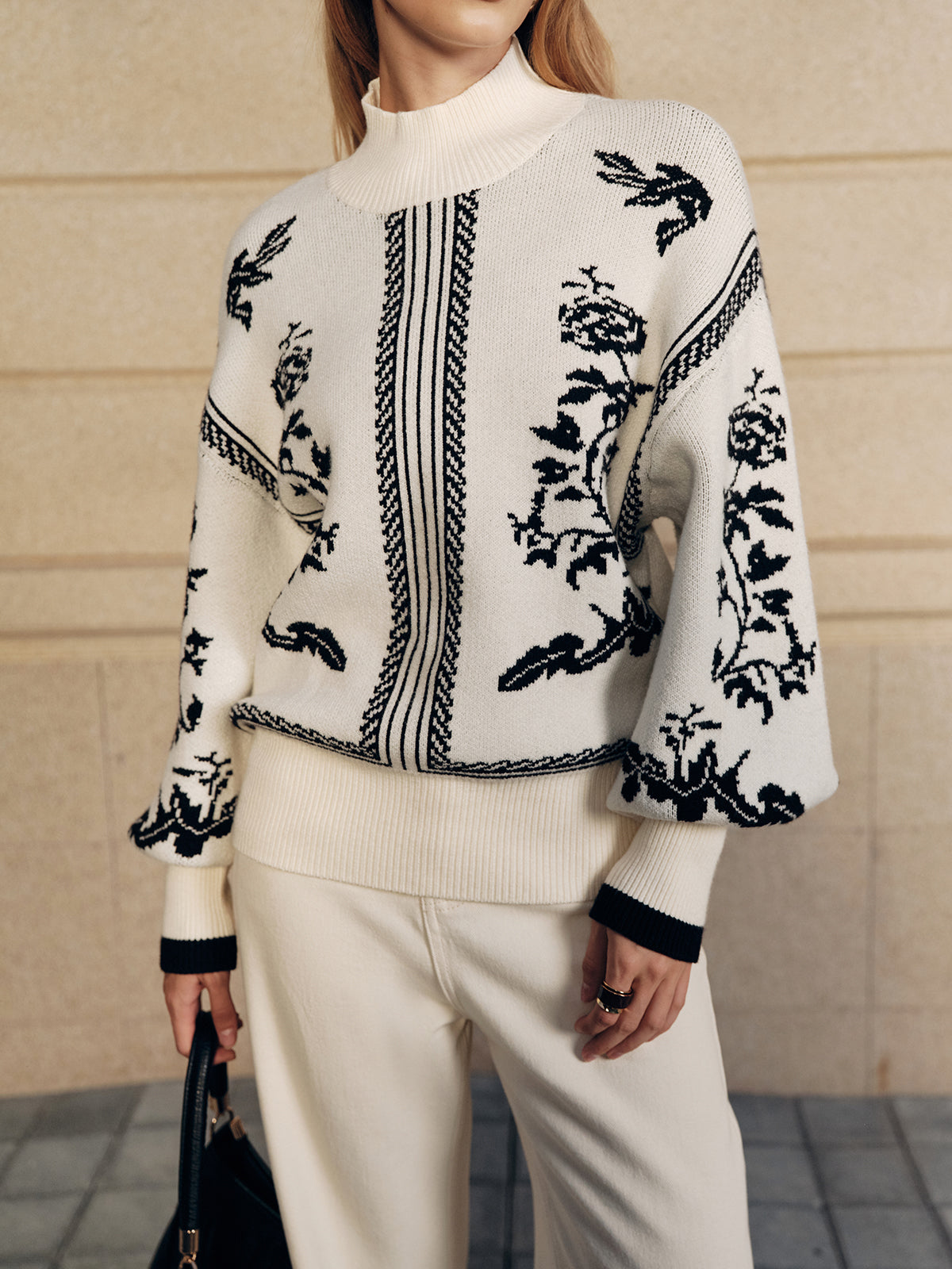 Floral Pattern Mock Neck Balloon Sleeve Sweater for Women Casual Fall Wear