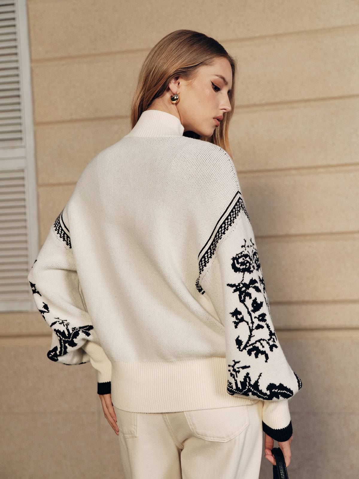 Floral Pattern Mock Neck Balloon Sleeve Sweater for Women Casual Fall Wear