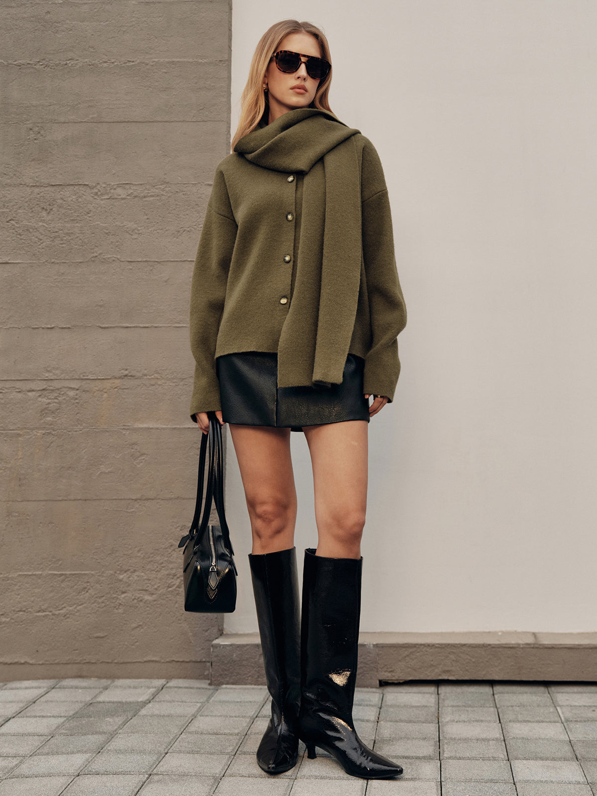 Button-Front Knit Cardigan with Scarf Detail, Cozy Long Sleeve Layering Sweater