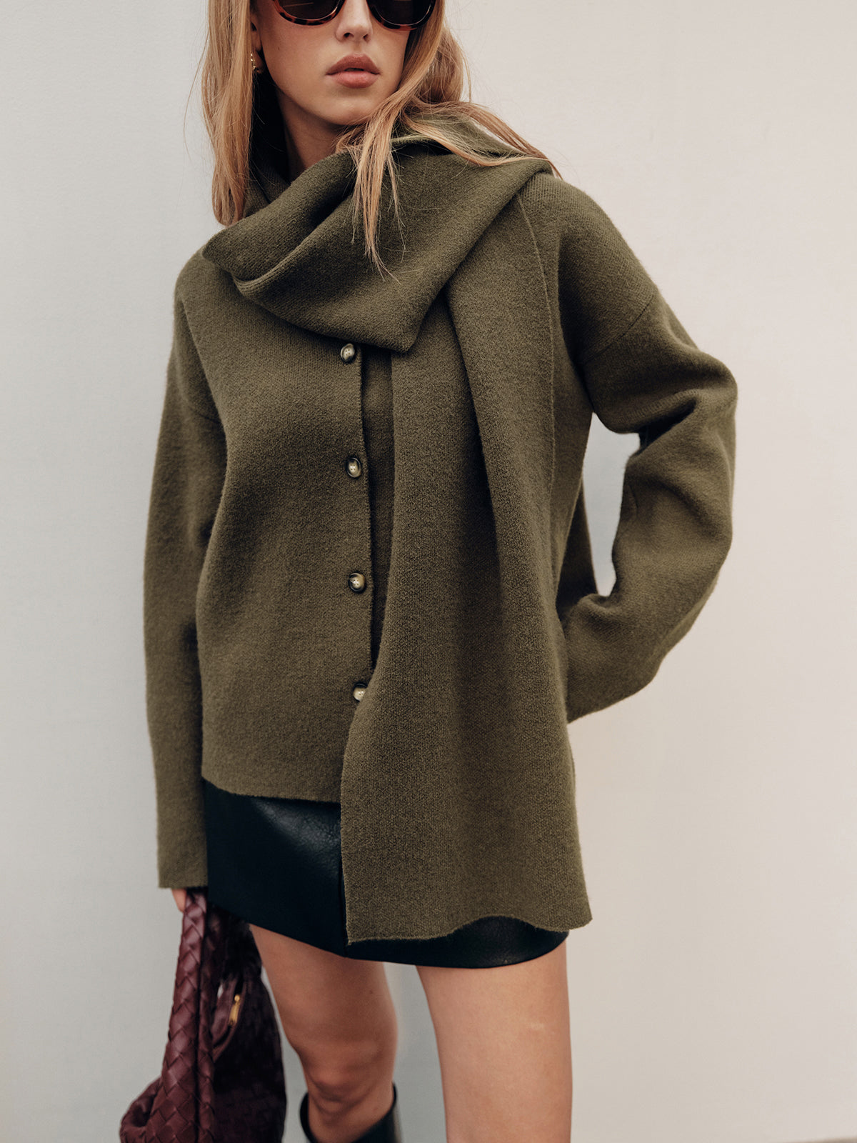 Button-Front Knit Cardigan with Scarf Detail, Cozy Long Sleeve Layering Sweater