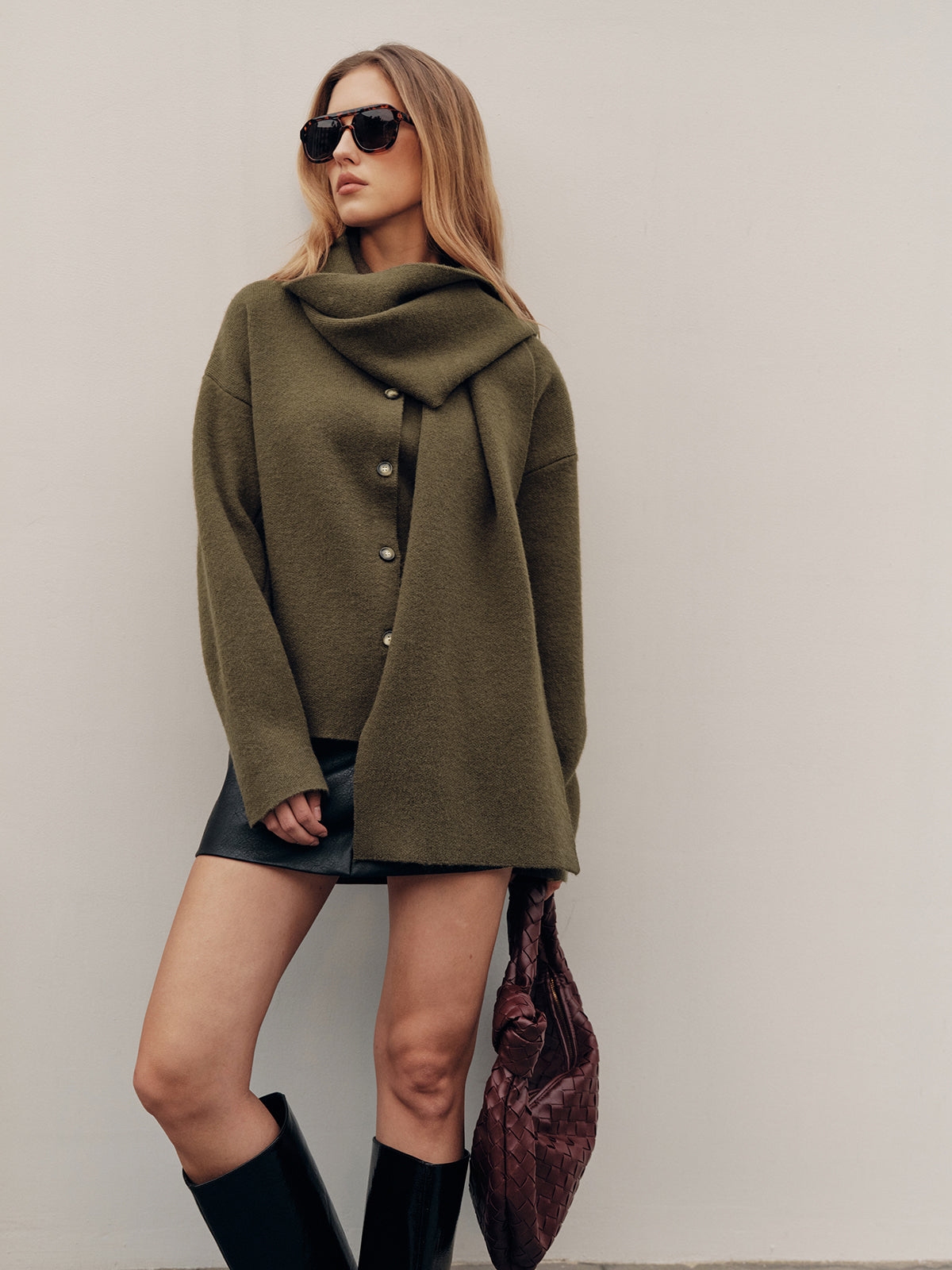 Button-Front Knit Cardigan with Scarf Detail, Cozy Long Sleeve Layering Sweater