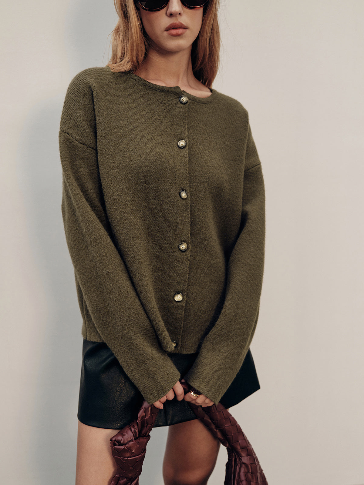 Button-Front Knit Cardigan with Scarf Detail, Cozy Long Sleeve Layering Sweater
